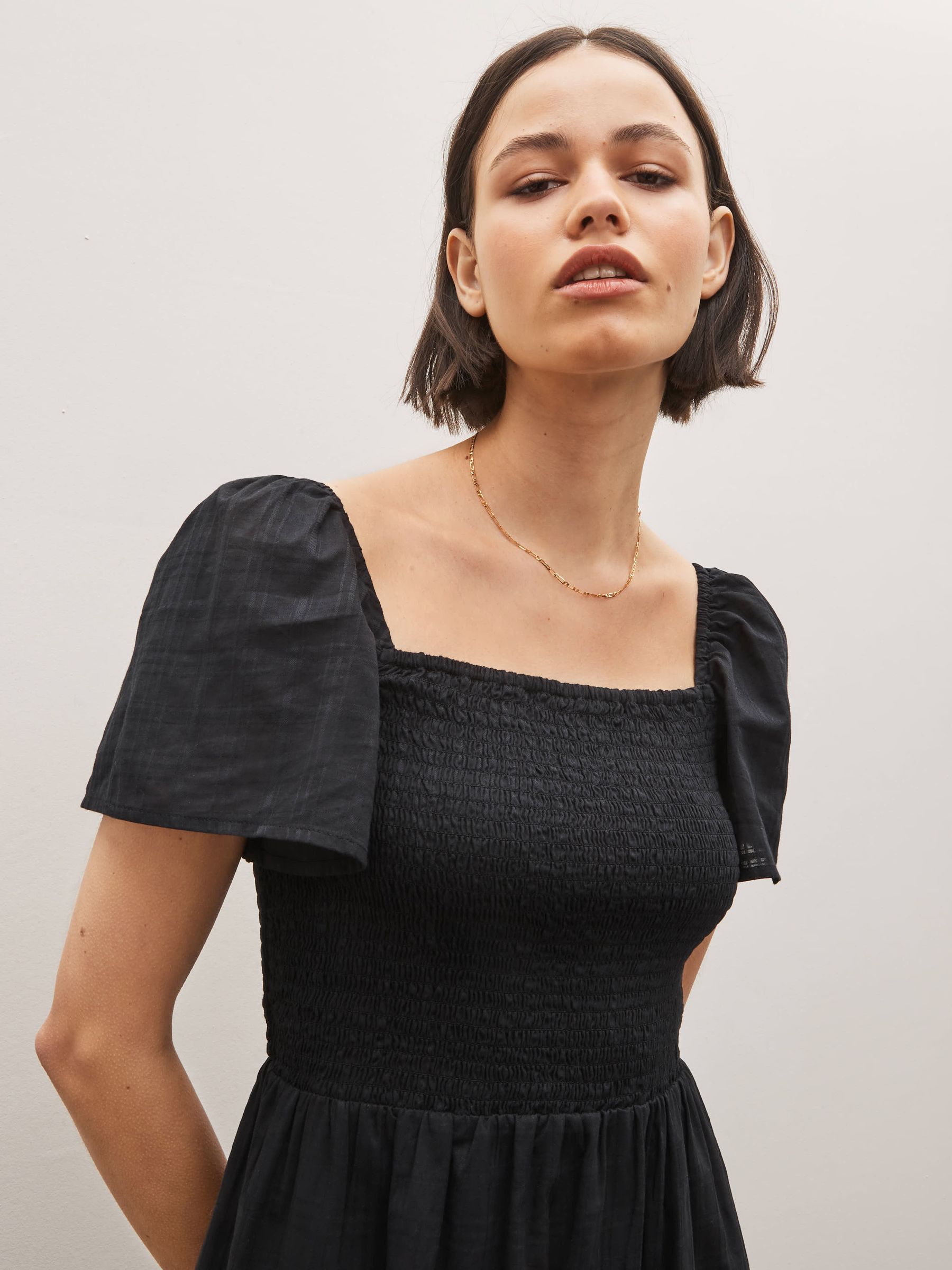 Black Smocked Squareneck Short Sleeve Midi Dress - Image 3 of 4