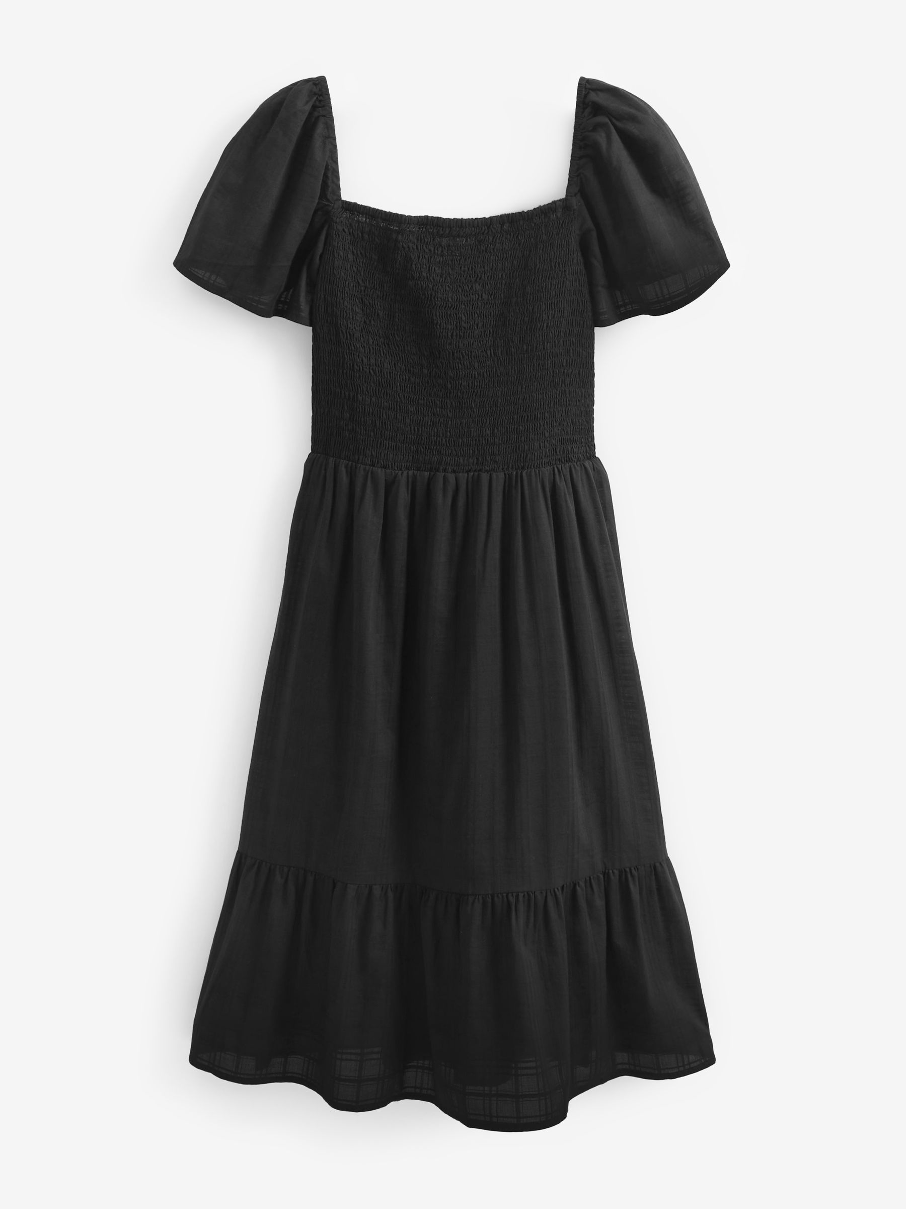 Black Smocked Squareneck Short Sleeve Midi Dress - Image 4 of 4