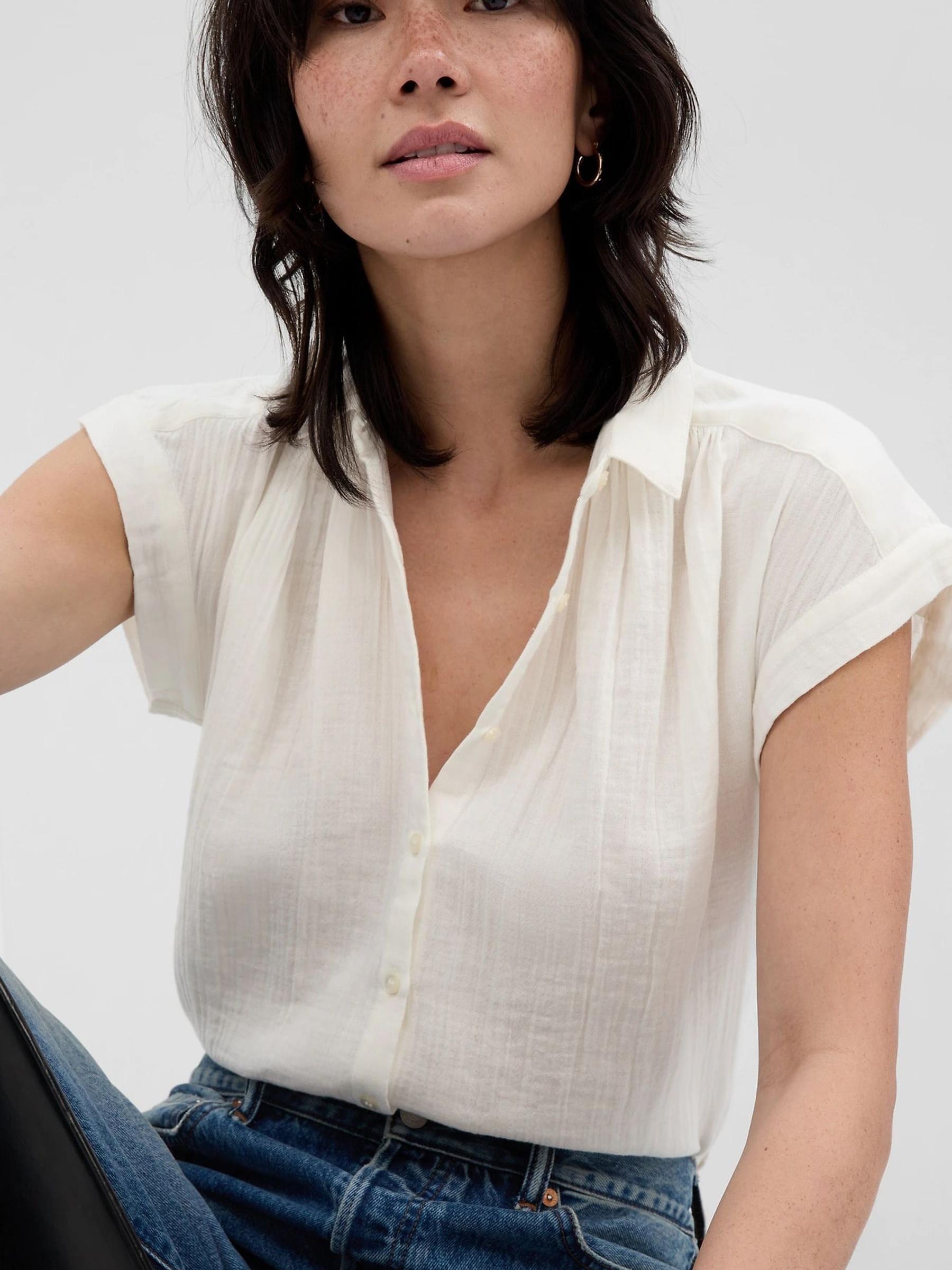 White Crinkle Short Sleeve Gauze Shirt - Image 1 of 6