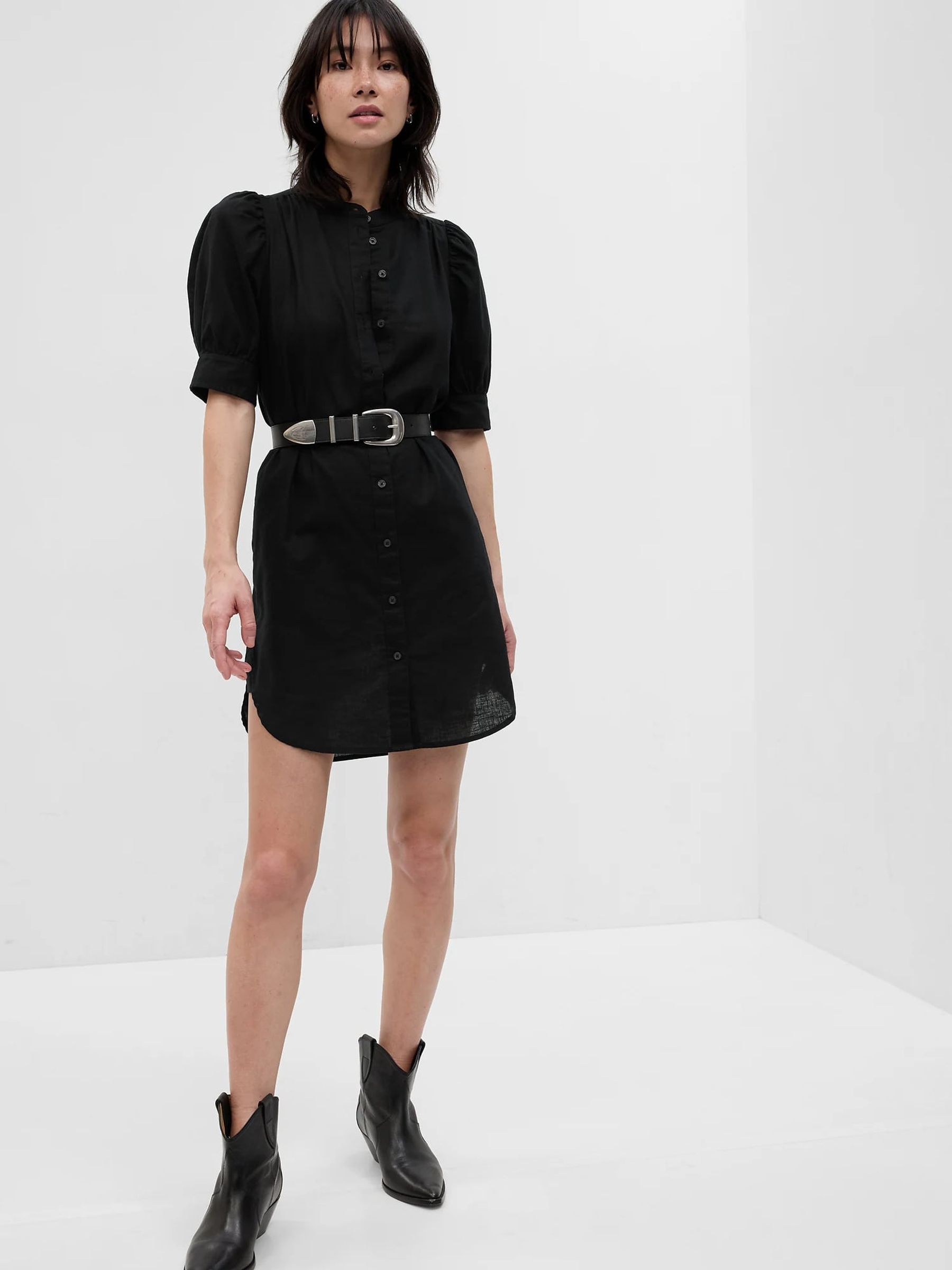 Black Puff Mid Sleeve LinenCotton Shirtdress - Image 1 of 1