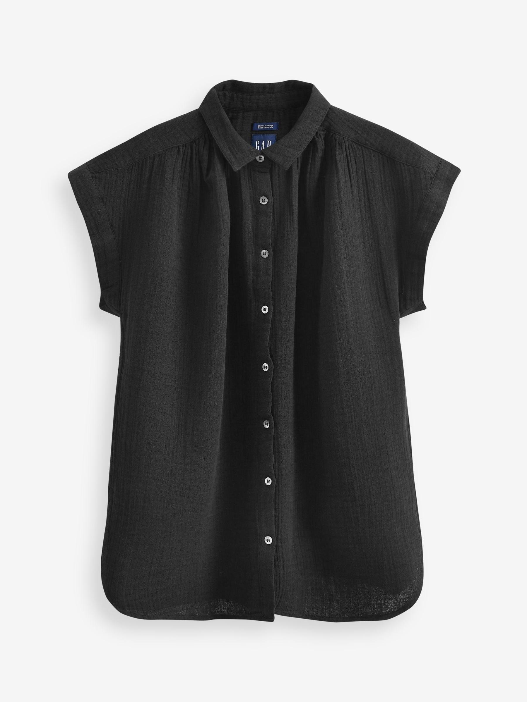 Black Crinkle Short Sleeve Gauze Shirt - Image 1 of 1 Black Crinkle Short Sleeve Gauze Shirt - Image 1 of 1