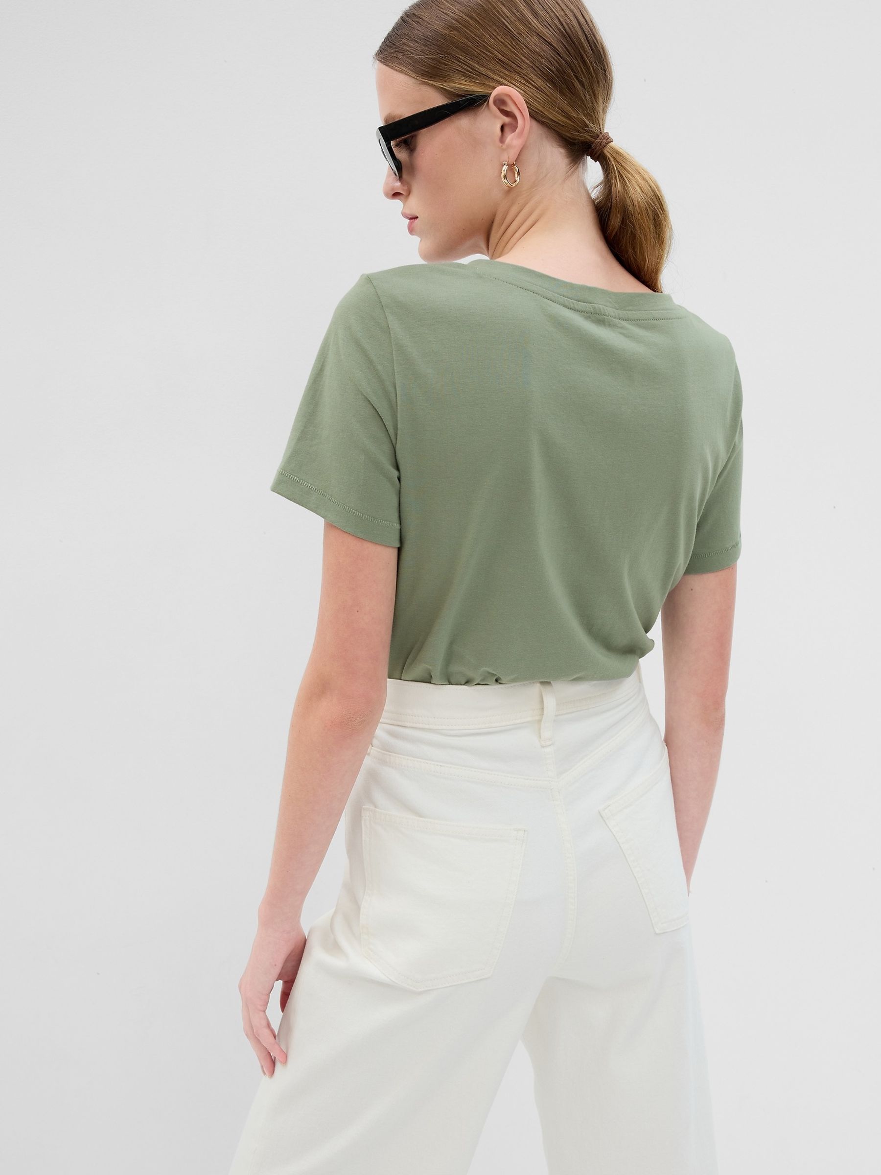 Sage Green Organic Cotton Vintage Short Sleeve V-Neck T-Shirt - Image 2 of 2
