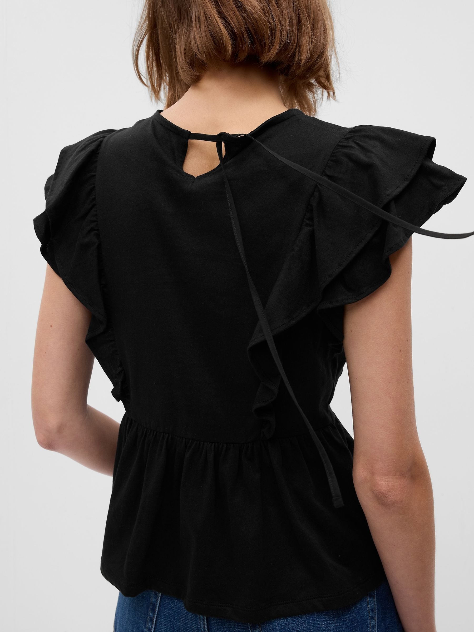 Black Organic Cotton Vintage Lace Flutter Sleeve Peplum Top - Image 2 of 2