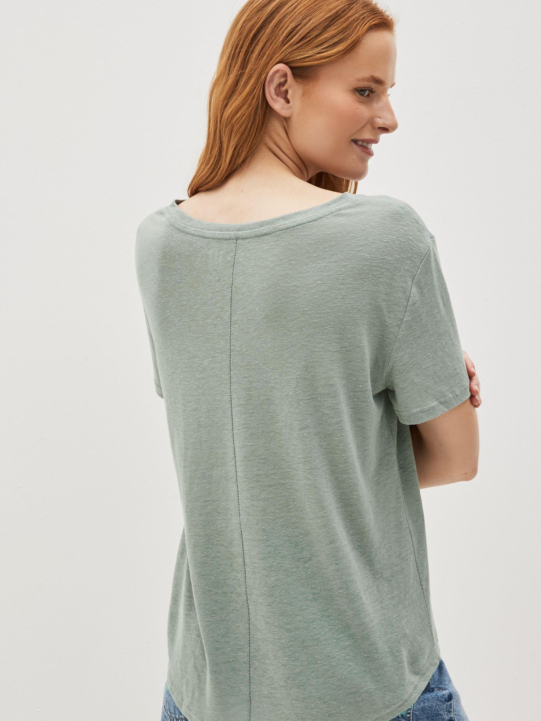 Sage Green Linen Blend Scoop Neck Short Sleeve T-Shirt - Image 2 of 4