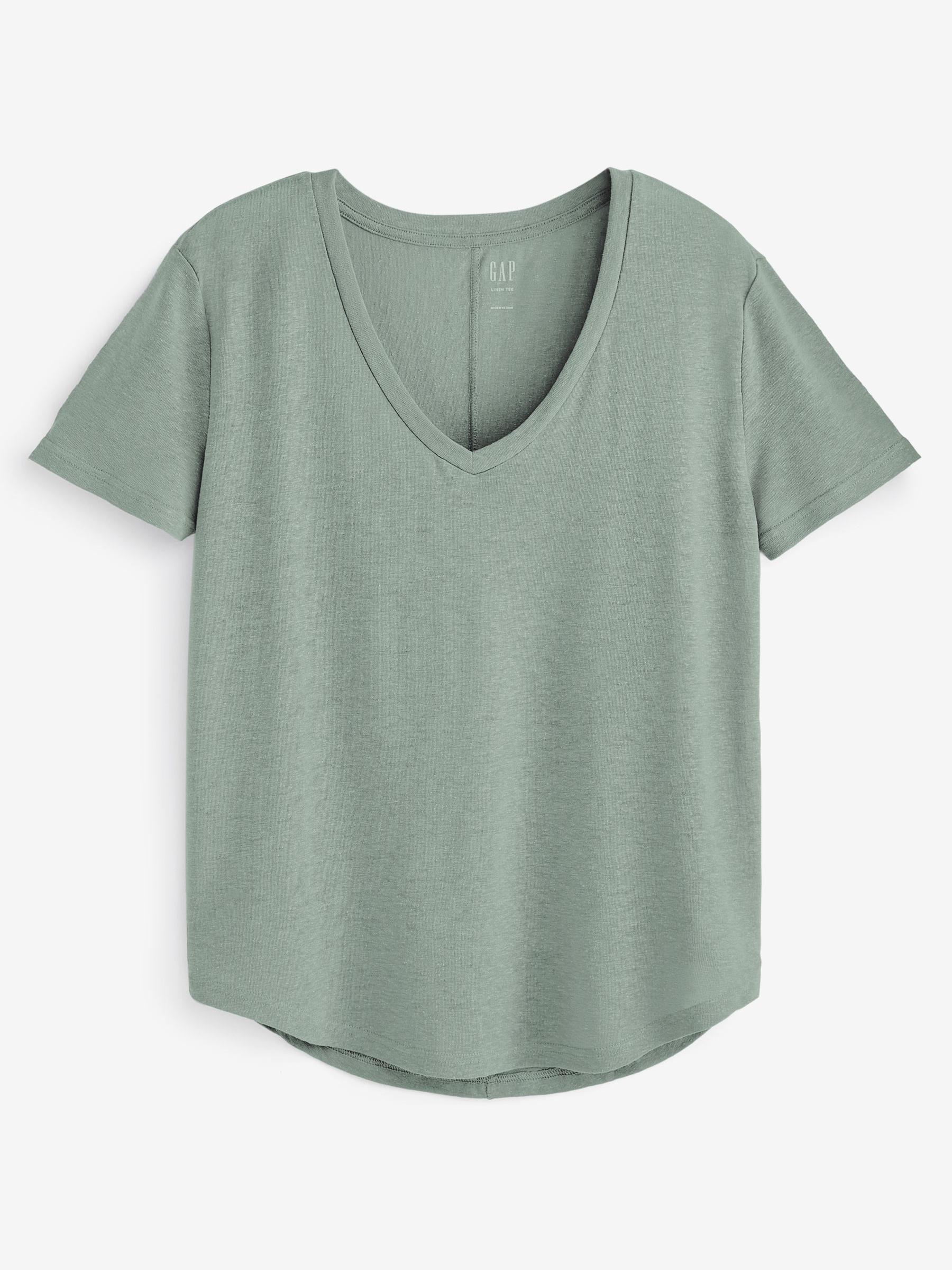 Sage Green Linen Blend Scoop Neck Short Sleeve T-Shirt - Image 4 of 4