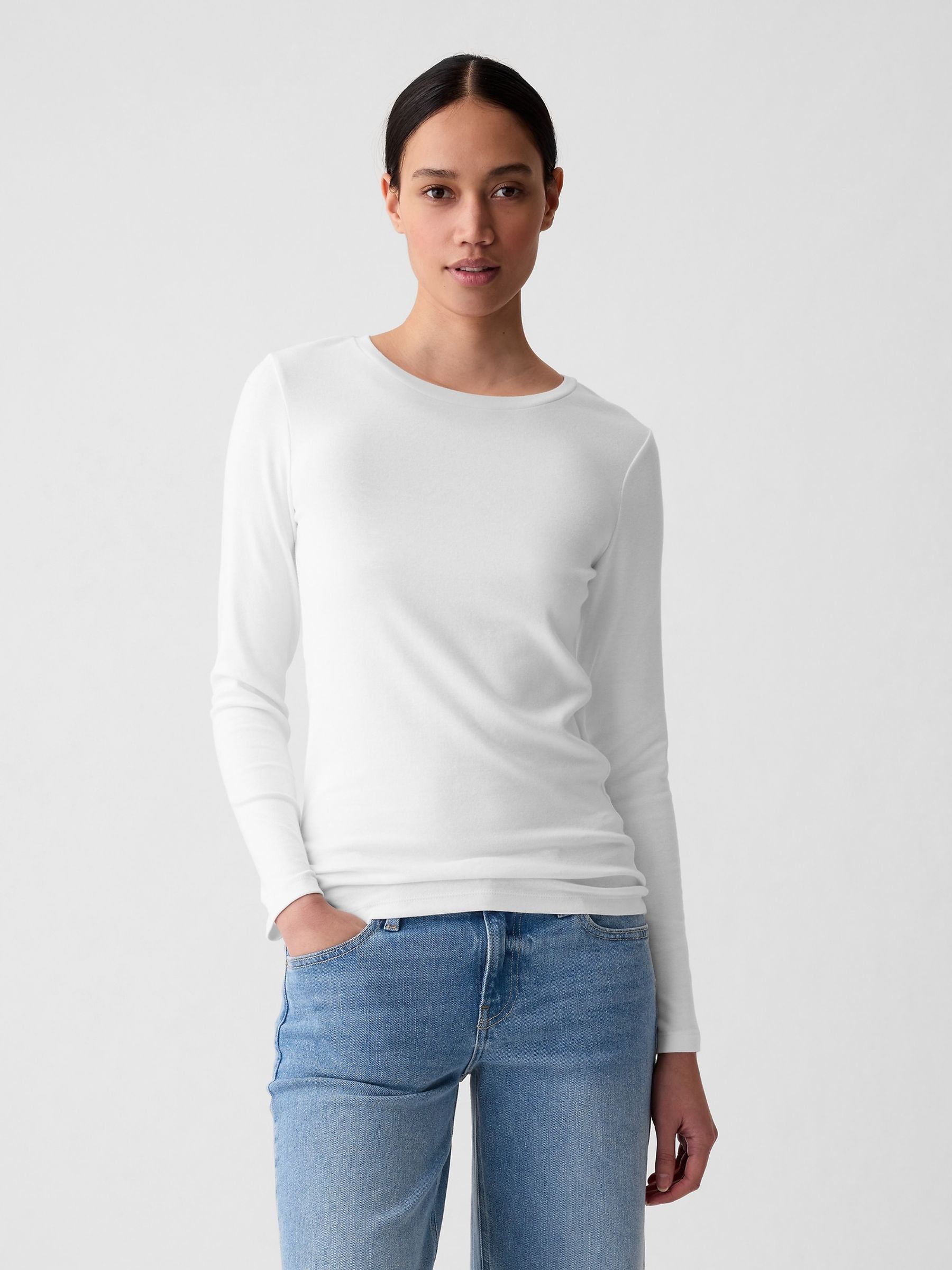 White Long Sleeve Modern Cotton-Modal Crew Neck T-Shirt - Image 4 of 9