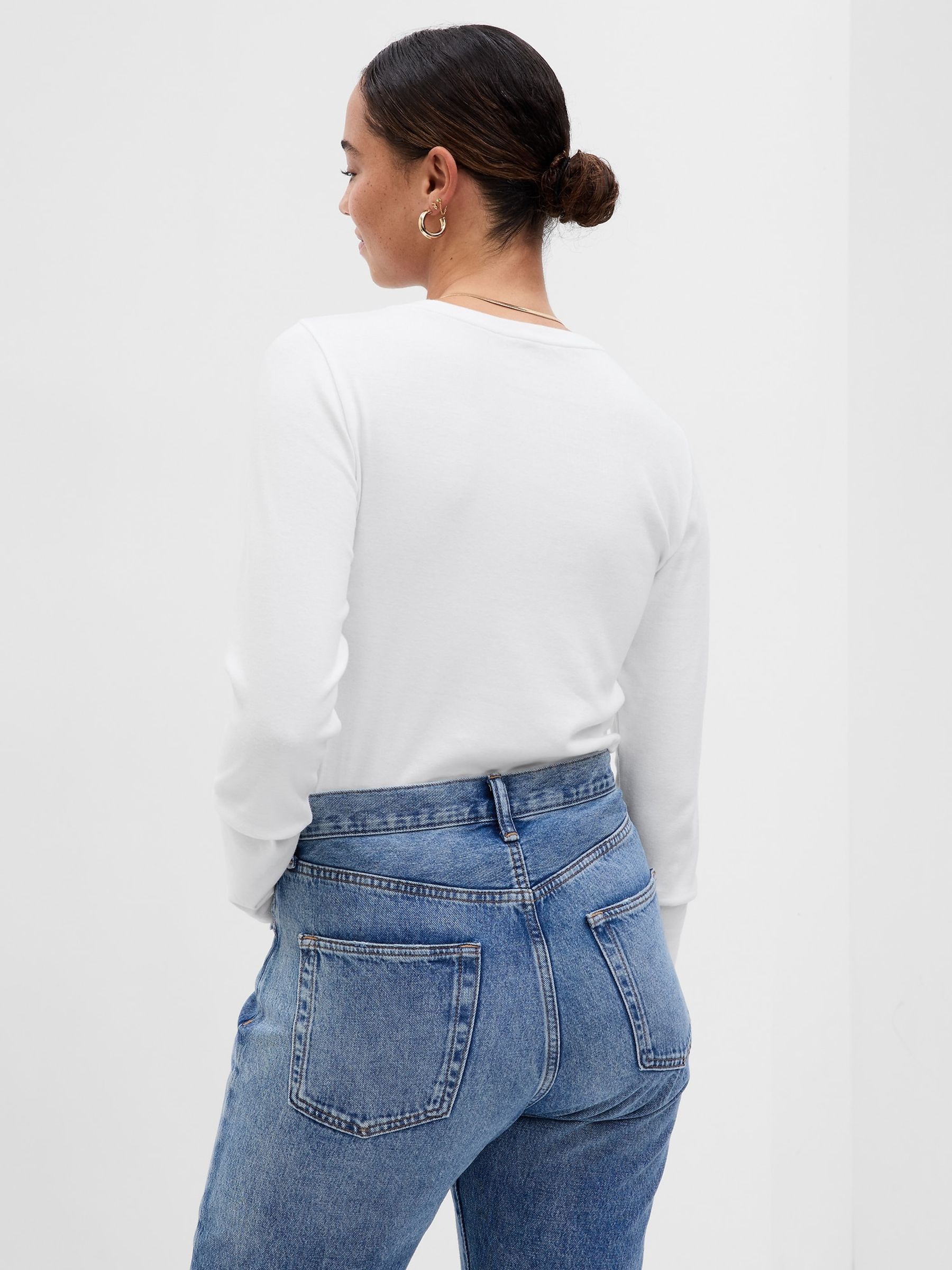 White Long Sleeve Modern Cotton-Modal Crew Neck T-Shirt - Image 6 of 9