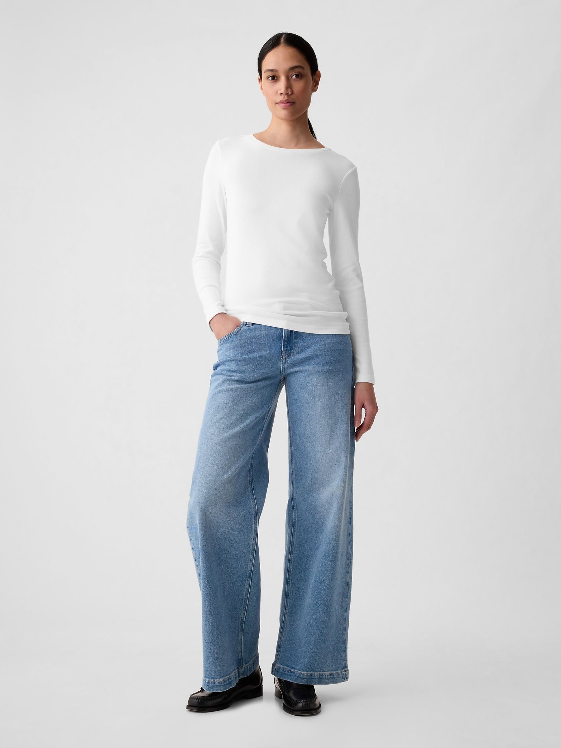White Long Sleeve Modern Cotton-Modal Crew Neck T-Shirt - Image 7 of 9