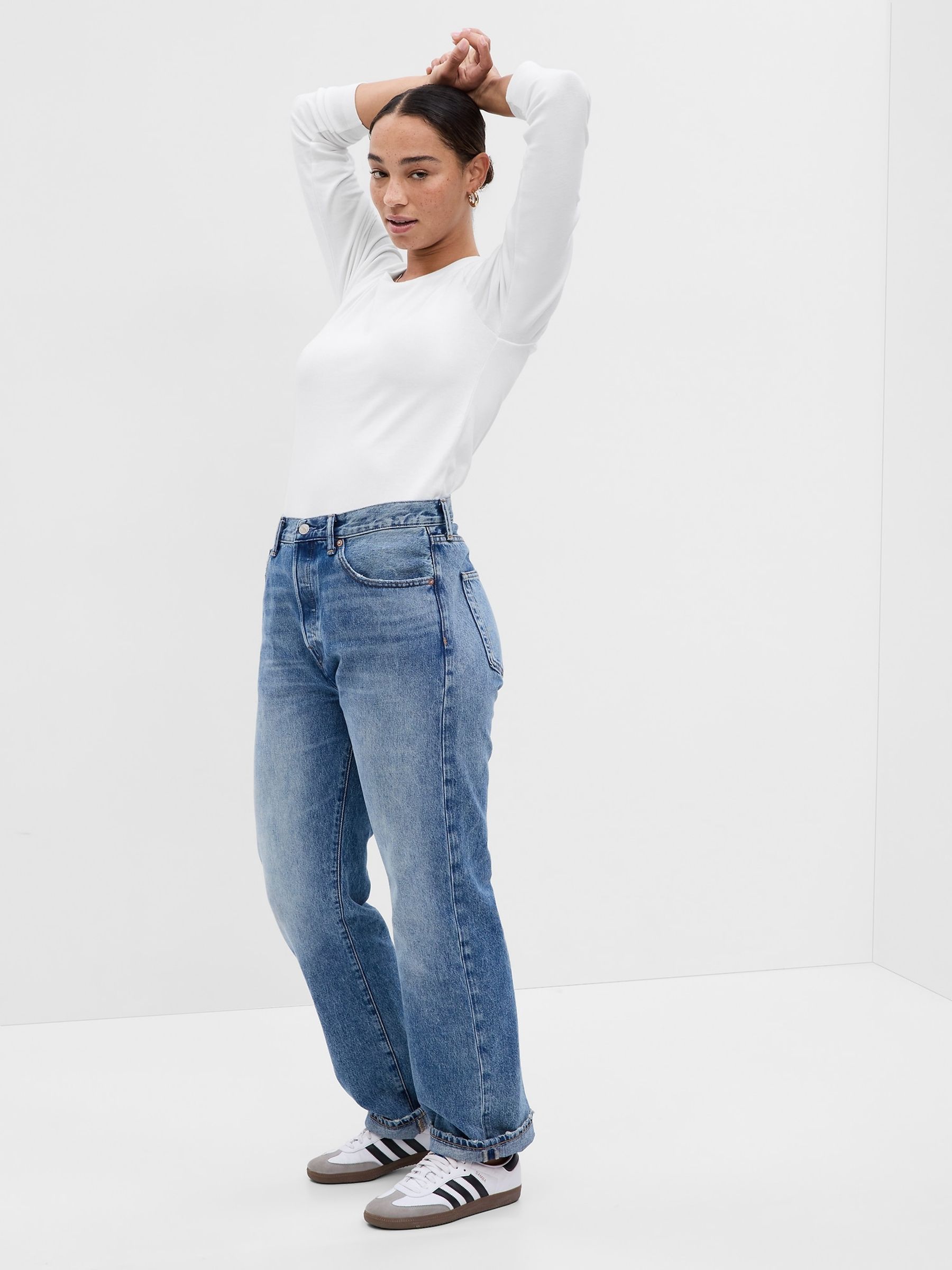 White Long Sleeve Modern Cotton-Modal Crew Neck T-Shirt - Image 8 of 9