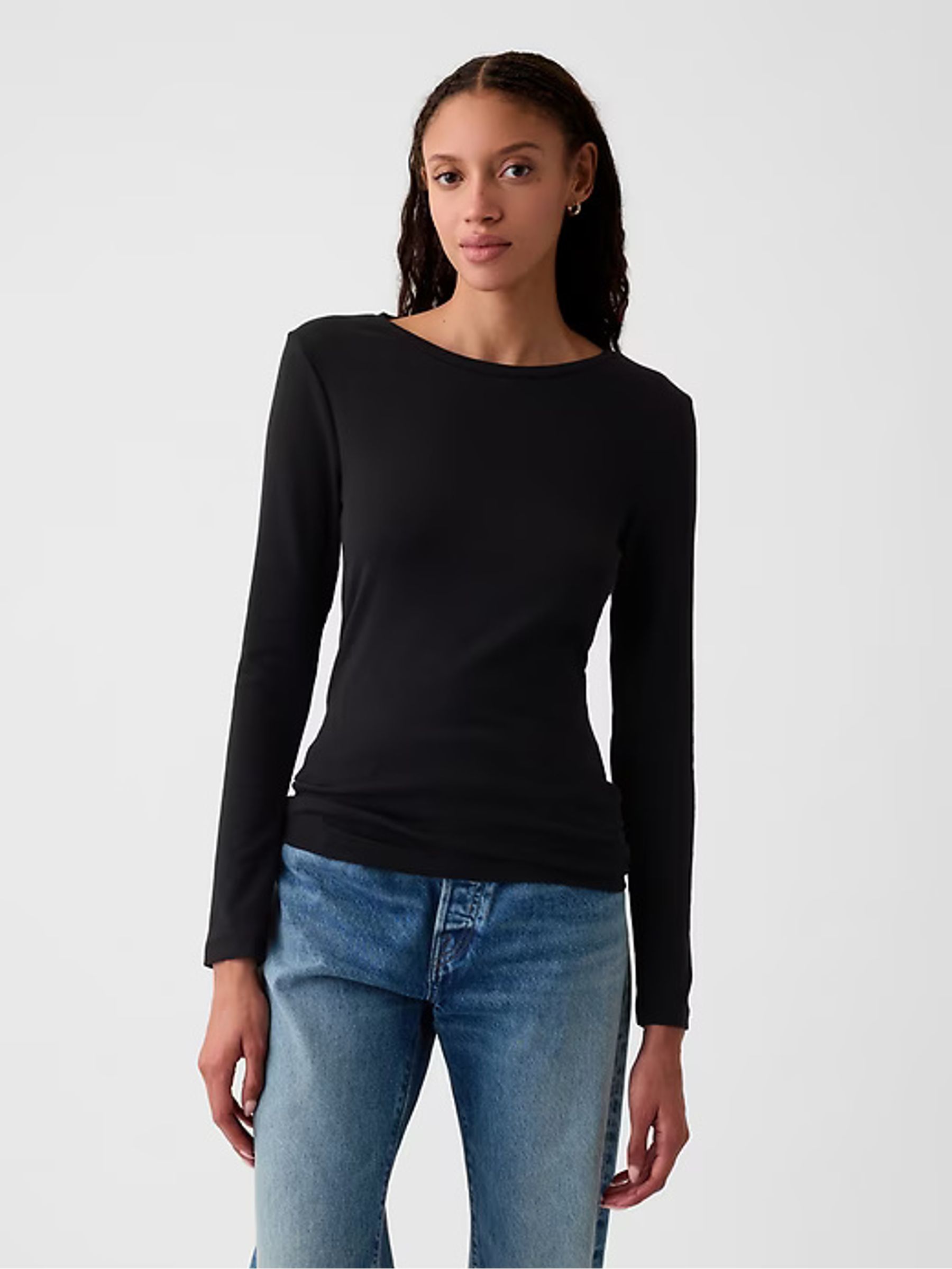 Black Long Sleeve Modern Cotton-Modal Crew Neck T-Shirt - Image 1 of 4
