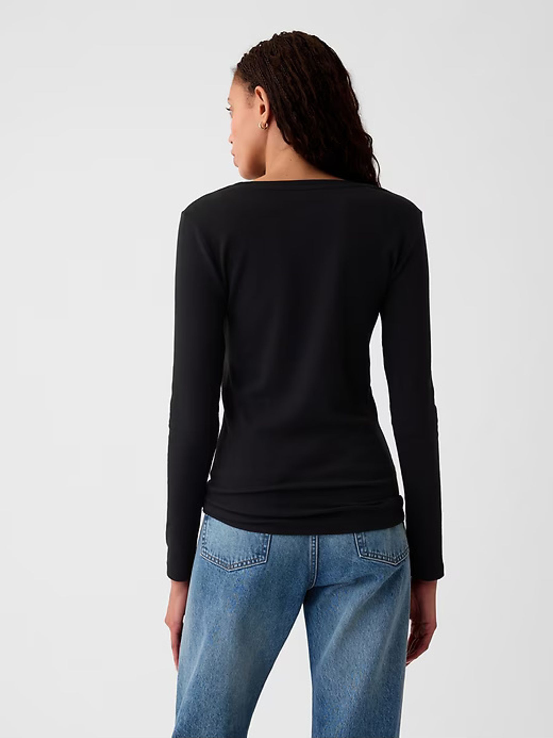 Black Long Sleeve Modern Cotton-Modal Crew Neck T-Shirt - Image 2 of 4