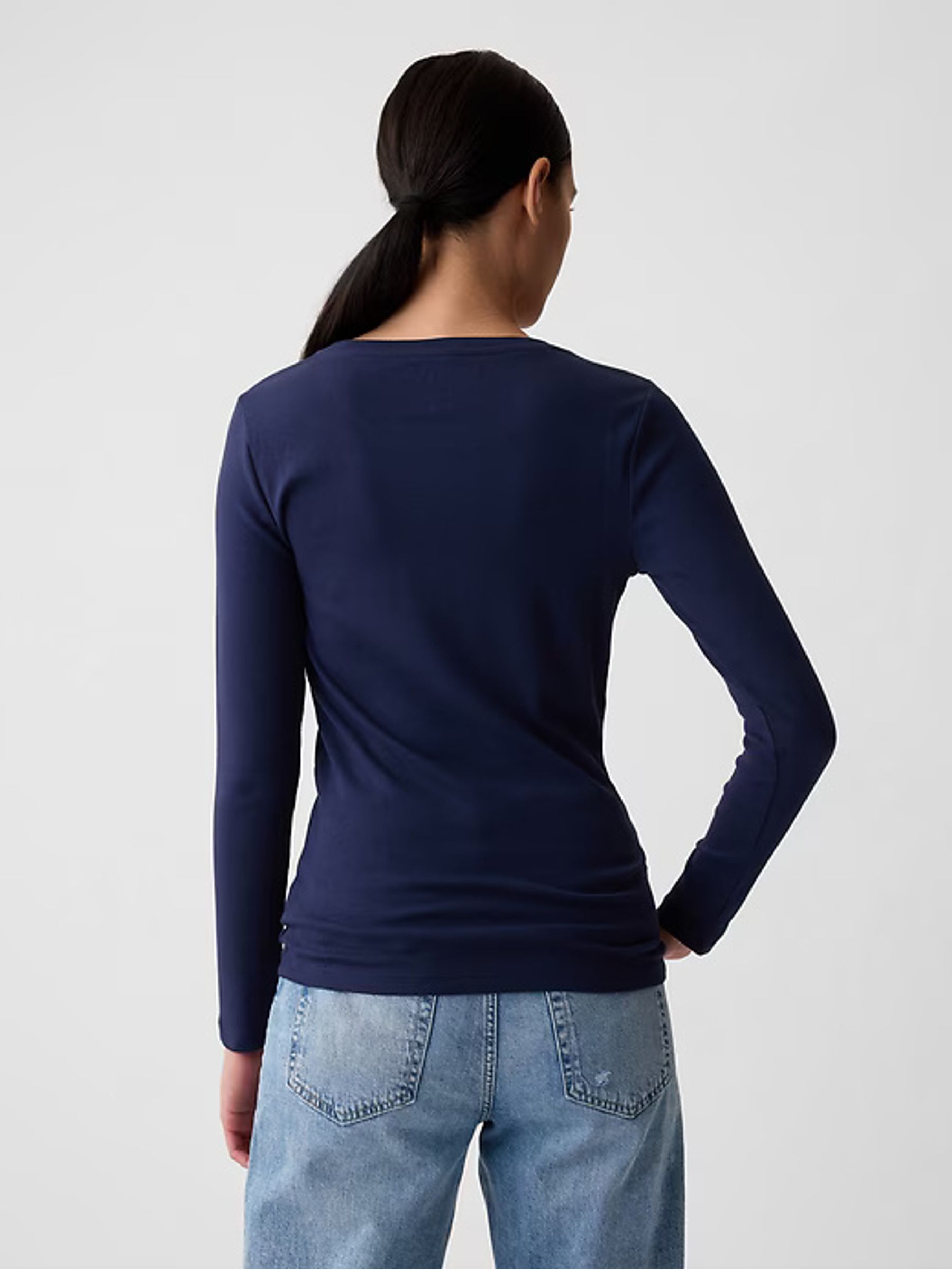Blue Long Sleeve Modern Cotton-Modal Crew Neck T-Shirt - Image 2 of 5