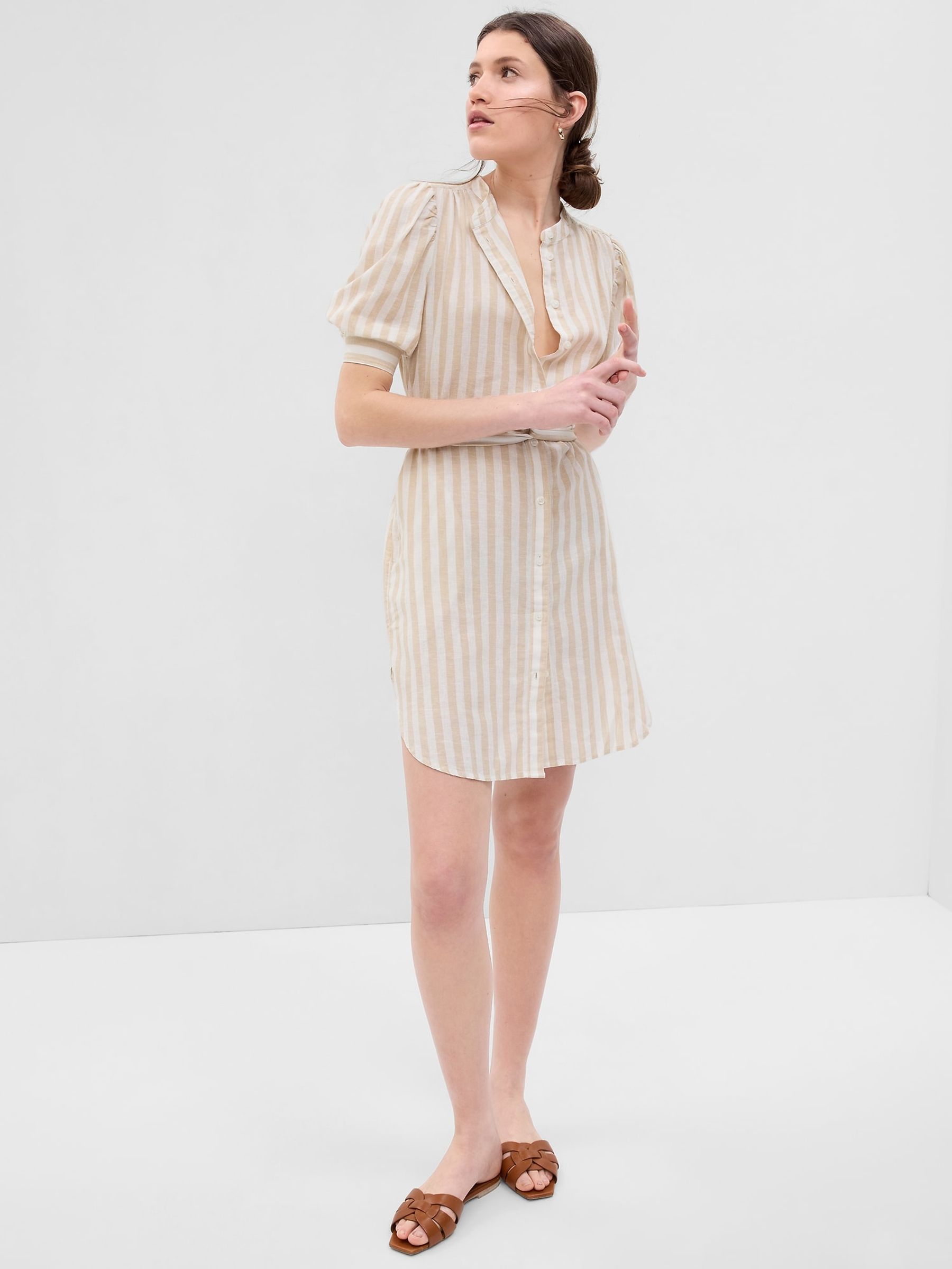 Beige Puff Mid Sleeve LinenCotton Shirtdress - Image 1 of 1