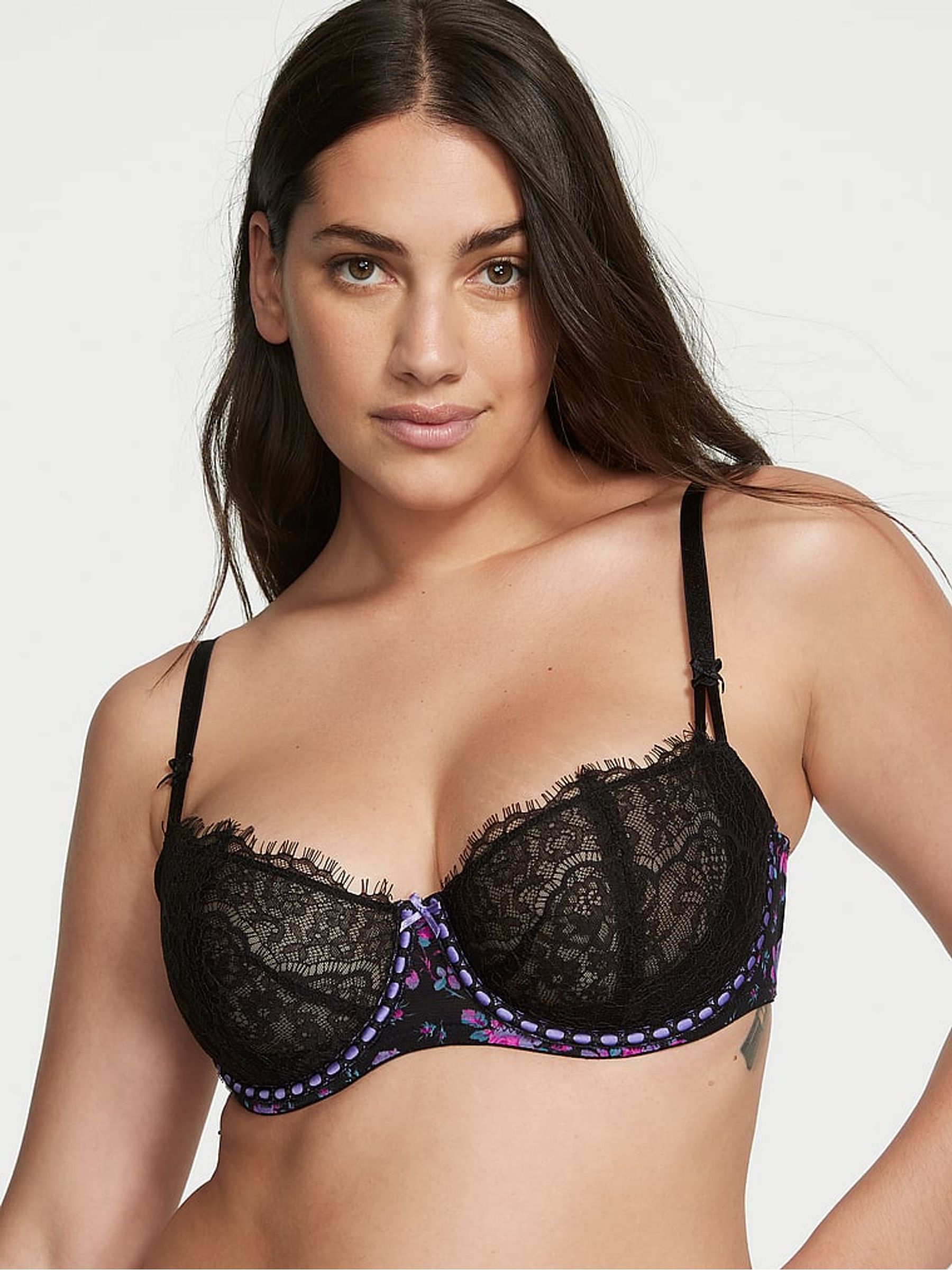 Black Floral Ribbon Slot Lace Unlined Balcony Bra - Image 1 of 4