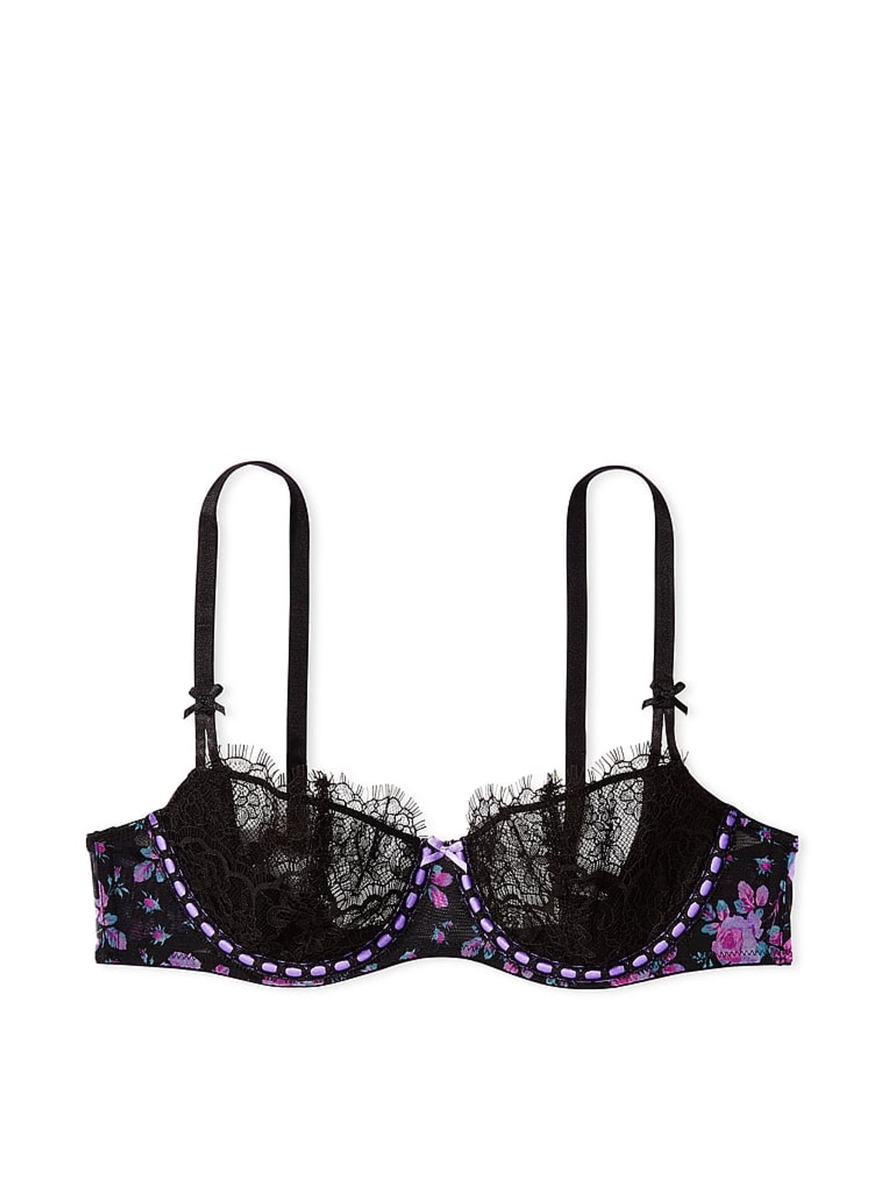 Black Floral Ribbon Slot Lace Unlined Balcony Bra - Image 3 of 4