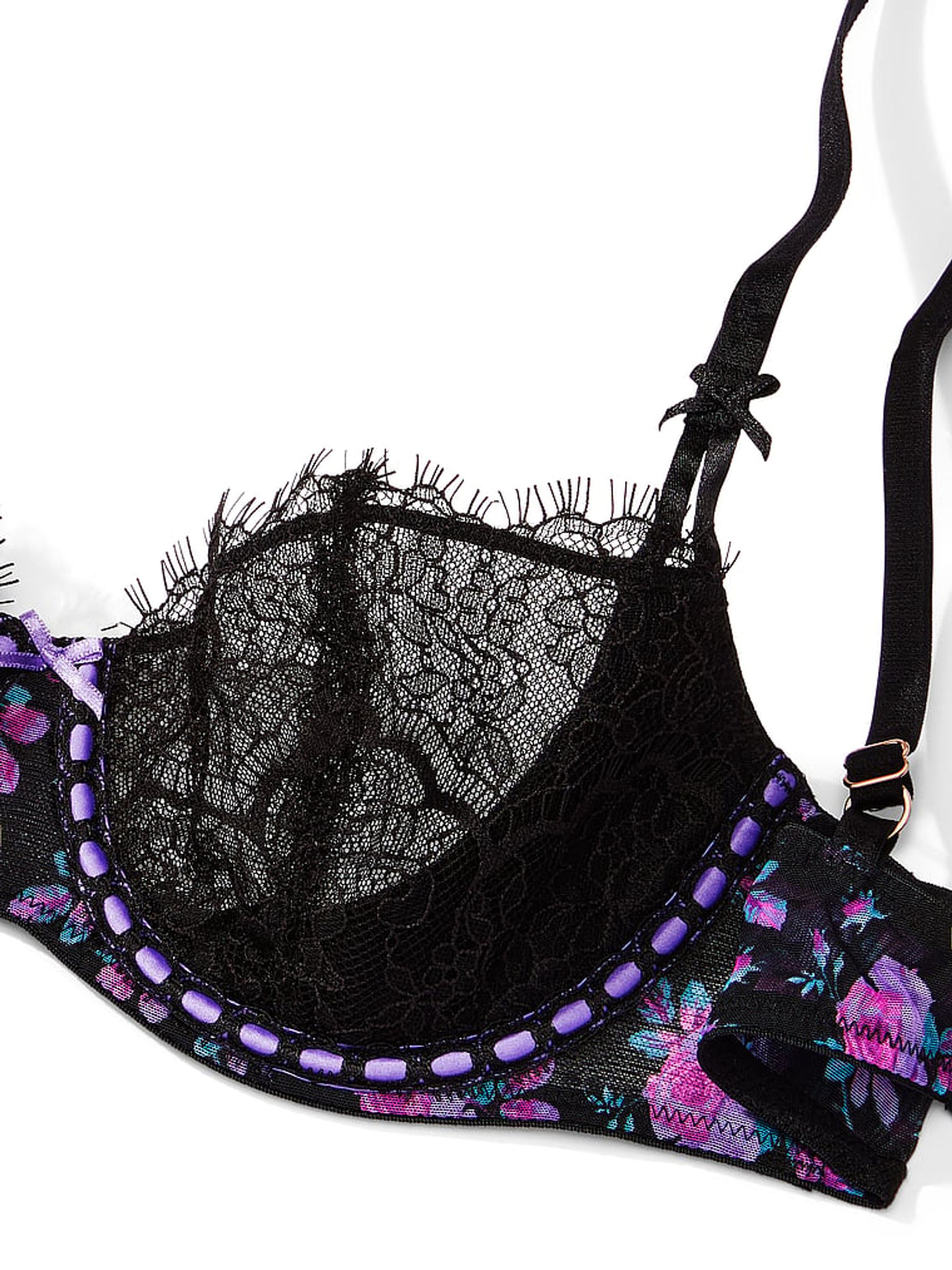 Black Floral Ribbon Slot Lace Unlined Balcony Bra - Image 4 of 4