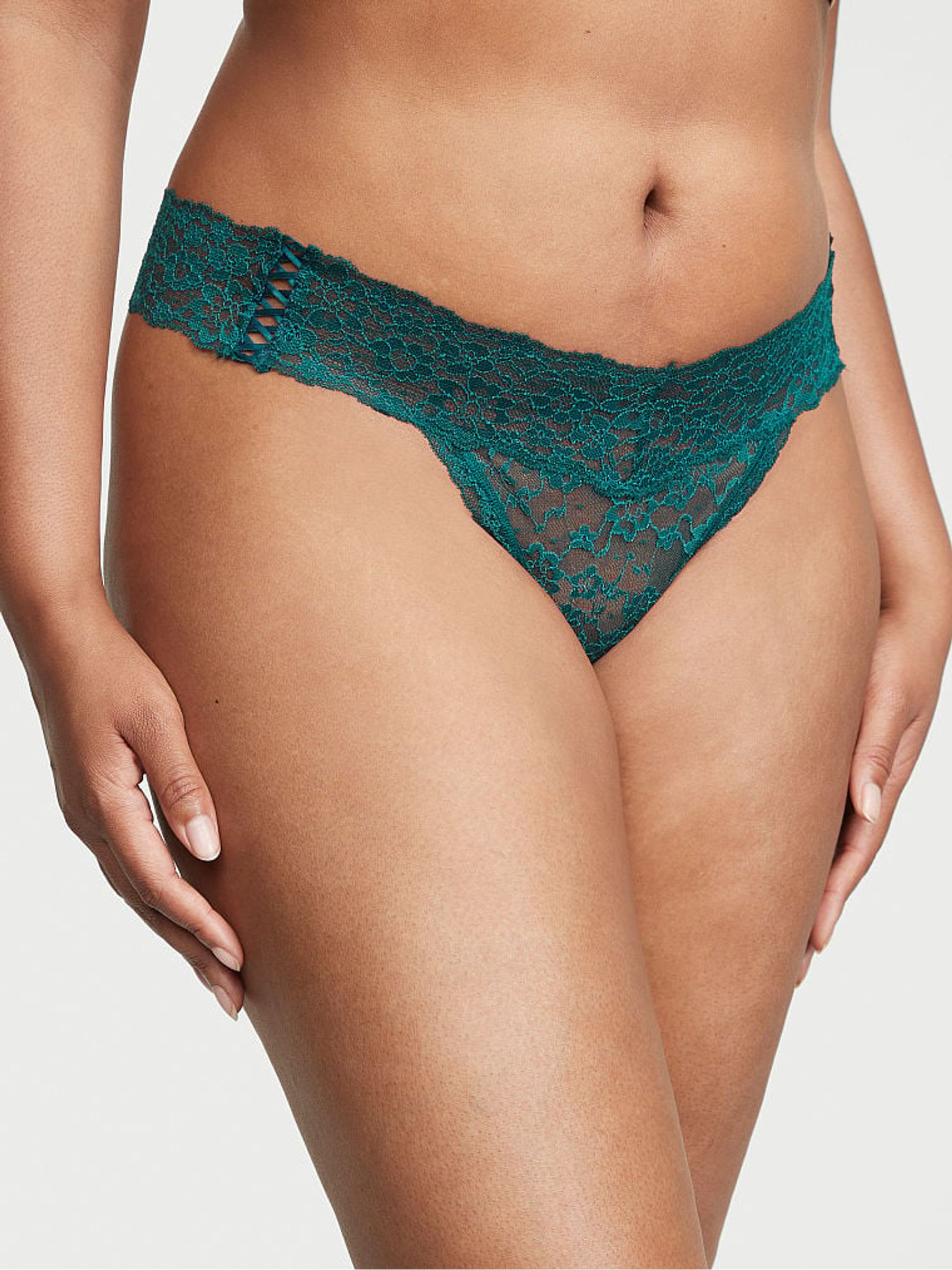 Black Ivy Green Double Side Lace Up Thong Lace Knickers - Image 1 of 3