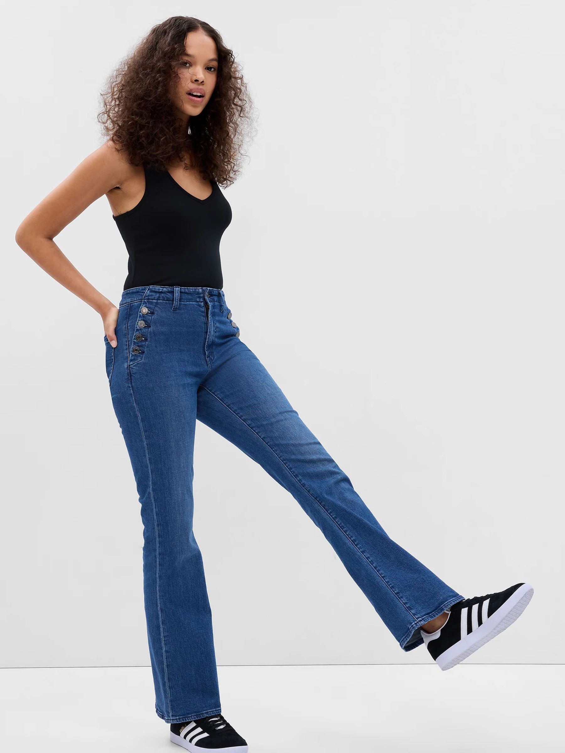 Dark Wash Blue 70s Flare High Waisted Stretch Jeans - Image 1 of 5