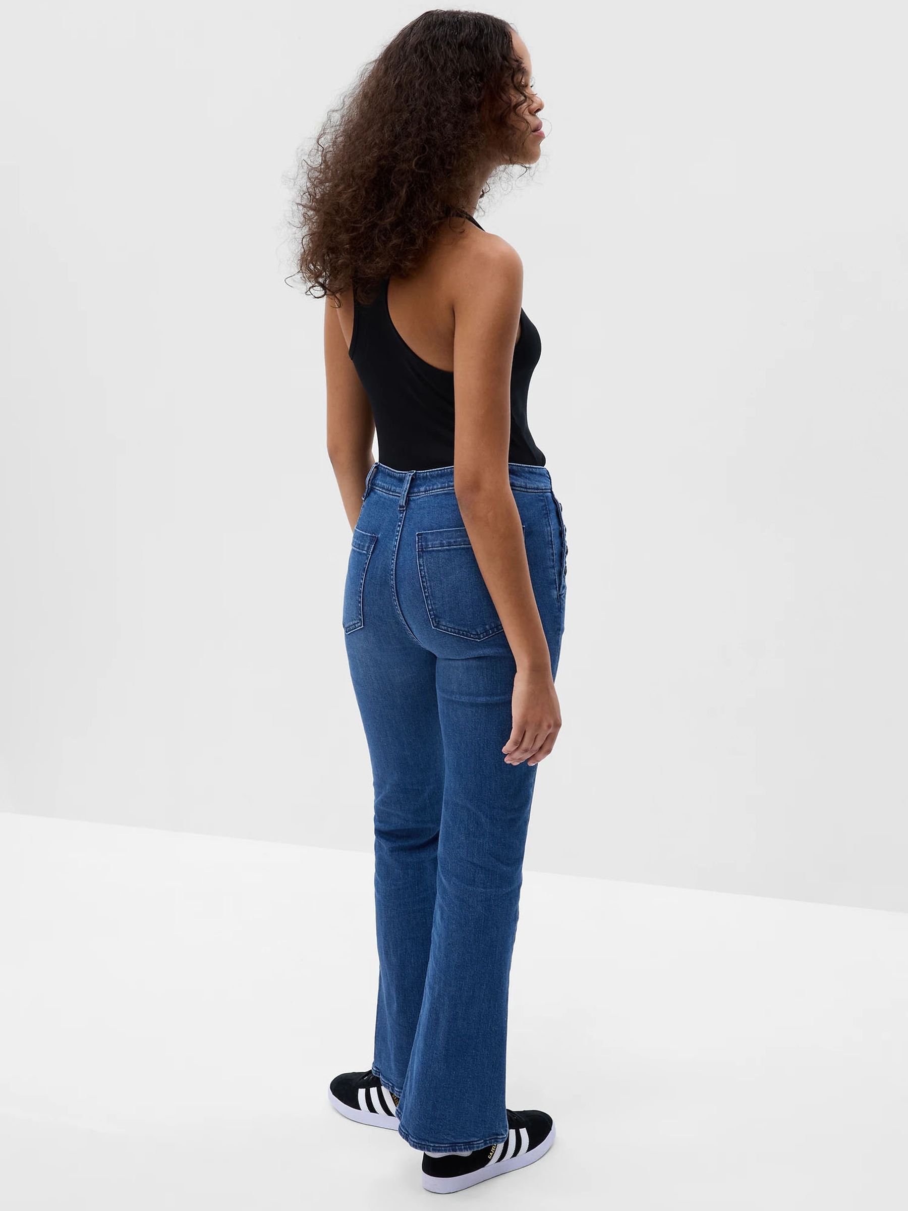Dark Wash Blue 70s Flare High Waisted Stretch Jeans - Image 2 of 5