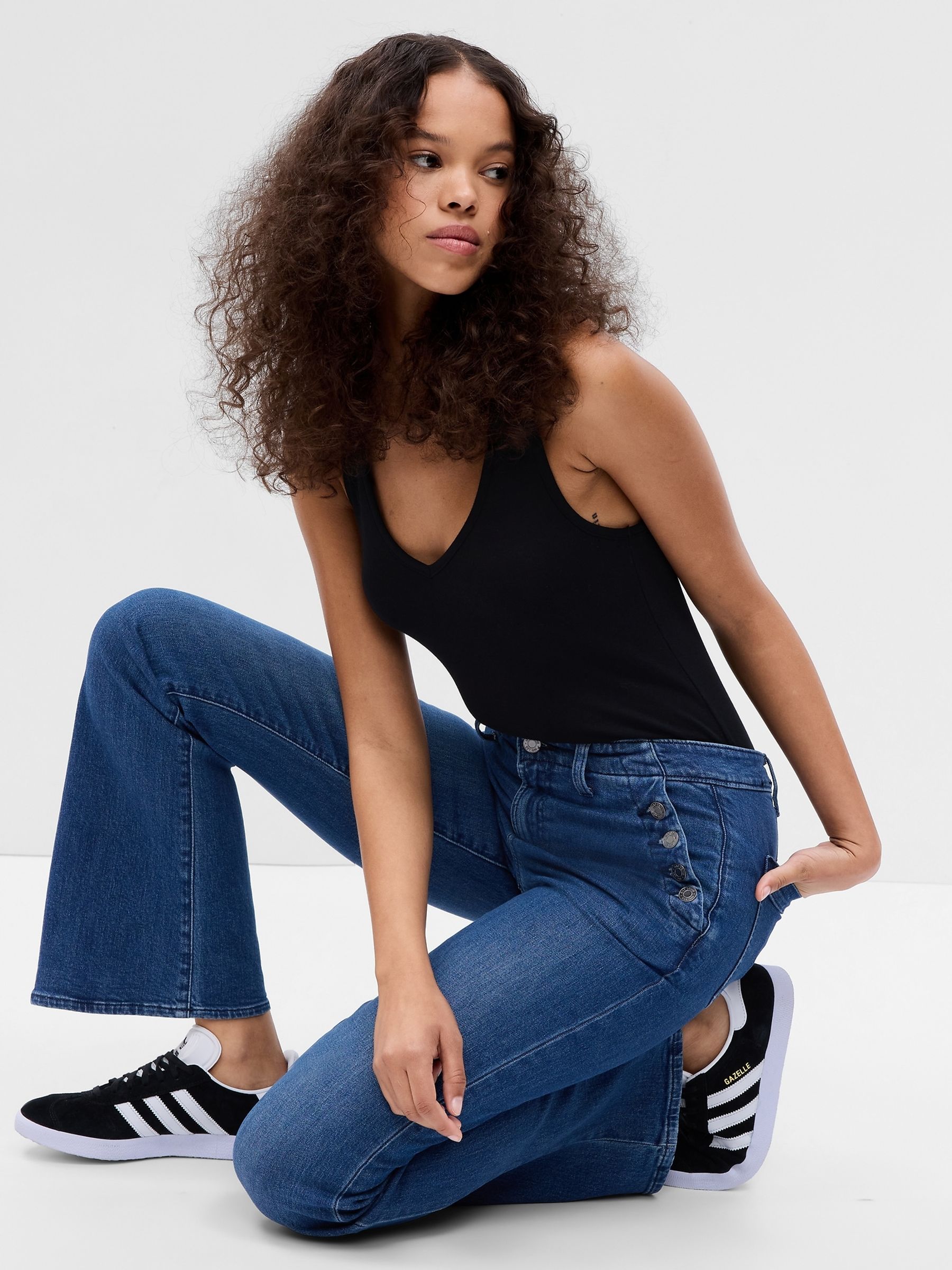 Dark Wash Blue 70s Flare High Waisted Stretch Jeans - Image 3 of 5