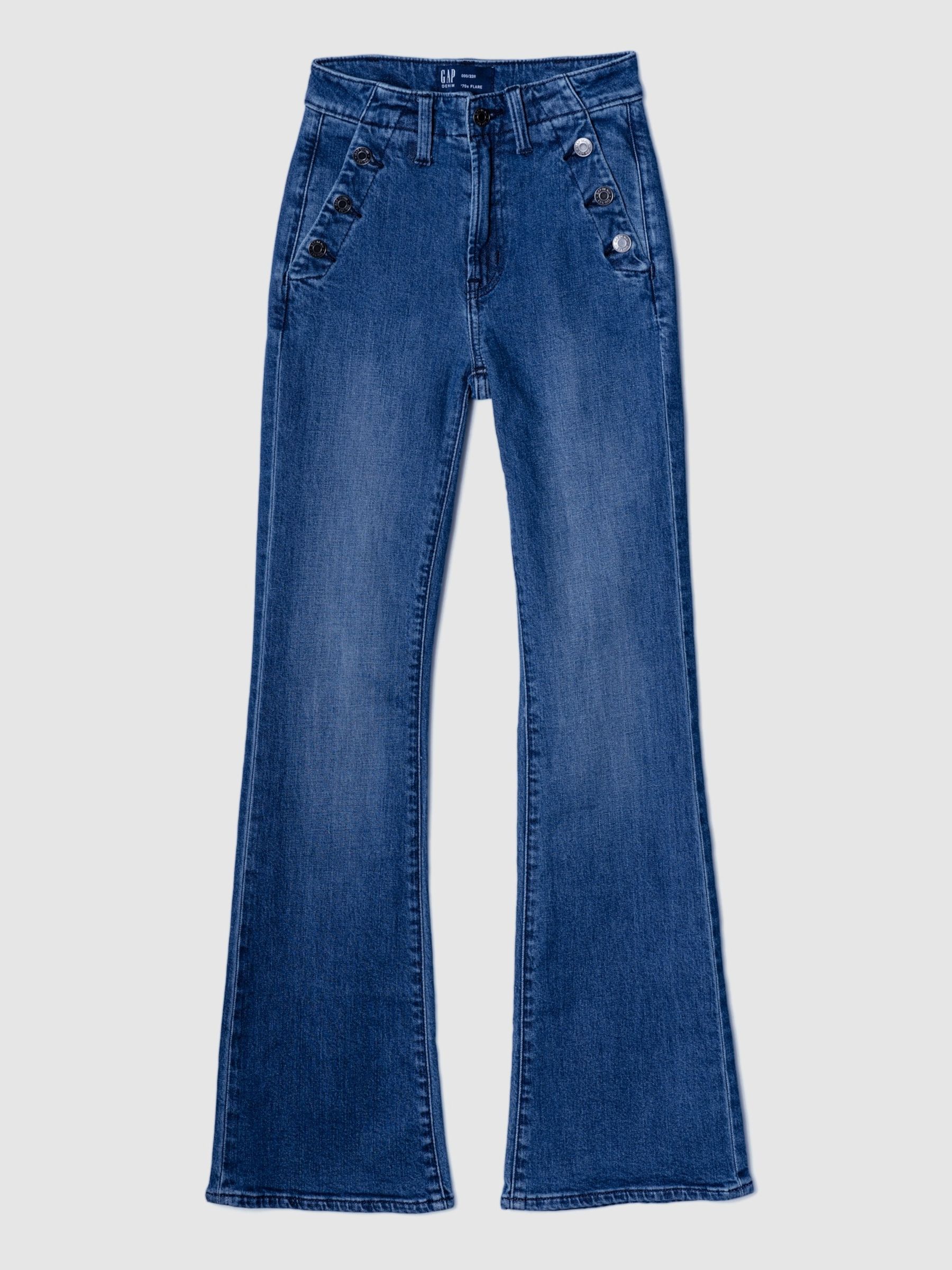 Dark Wash Blue 70s Flare High Waisted Stretch Jeans - Image 4 of 5