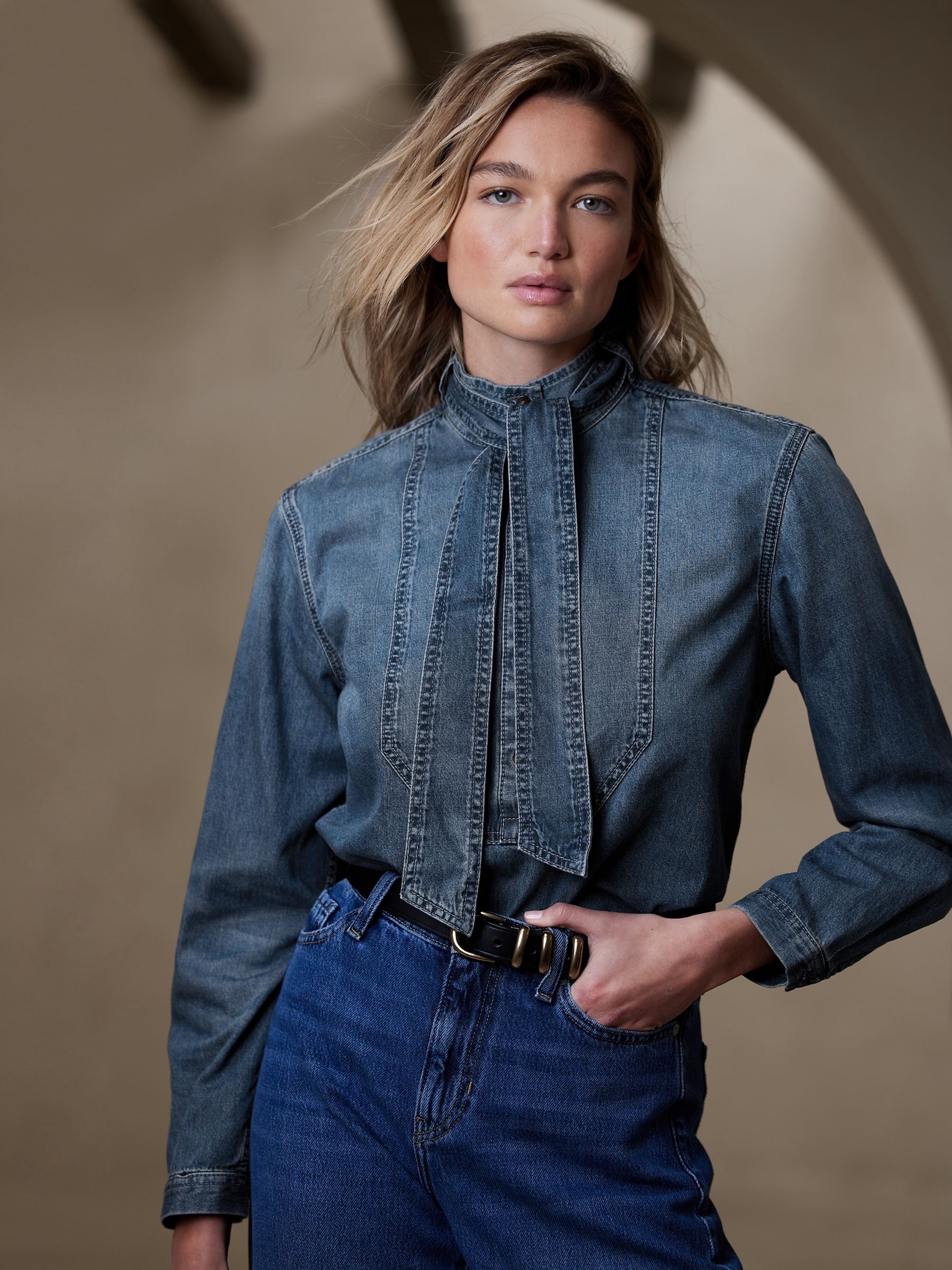 Banana Republic Blue Una Denim Tie-Neck Blouse - Image 1 of 5