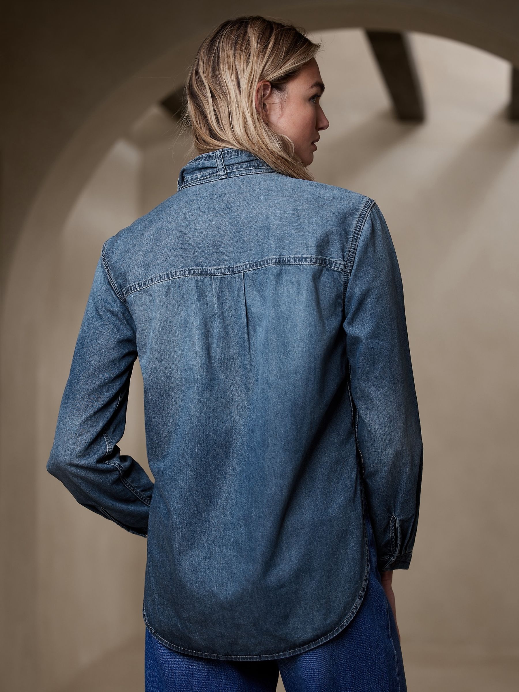 Banana Republic Blue Una Denim Tie-Neck Blouse - Image 2 of 5