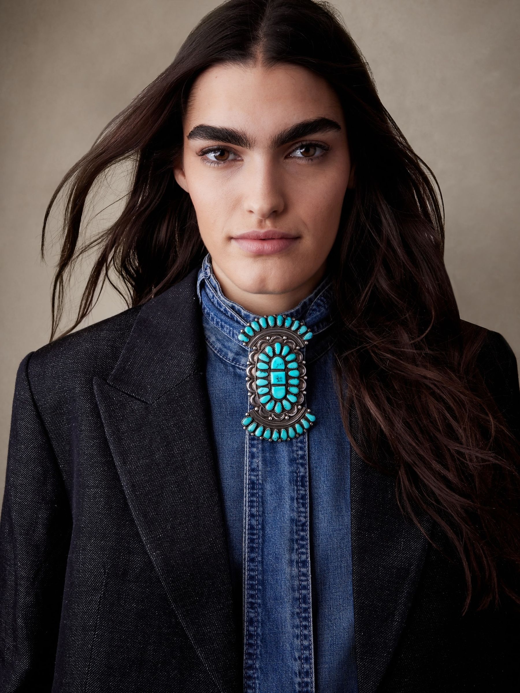 Banana Republic Blue Una Denim Tie-Neck Blouse - Image 3 of 5