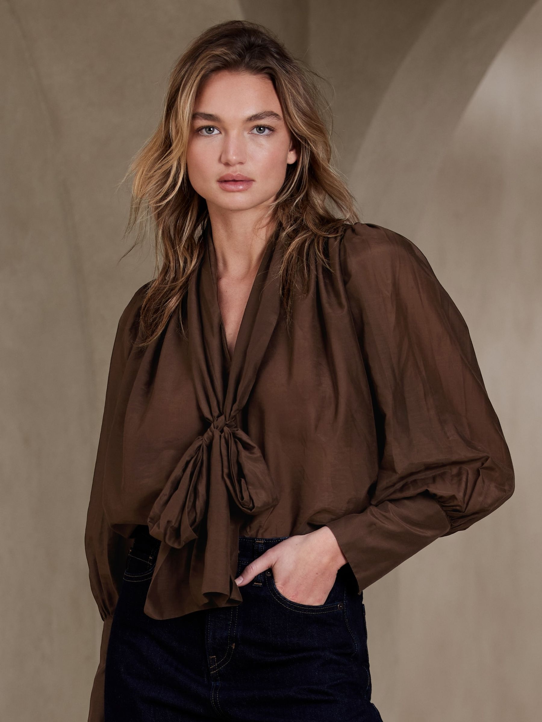 Banana Republic Brown Harper Cotton-Silk Top - Image 1 of 2 Banana Republic Brown Harper Cotton-Silk Top - Image 1 of 2