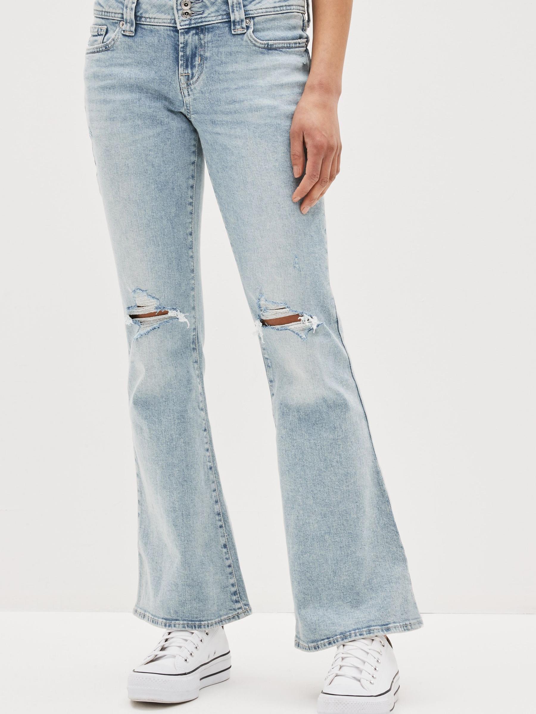 Blue Acid Wash Low Rise Ripped Knee Flare Jeans - Image 1 of 1