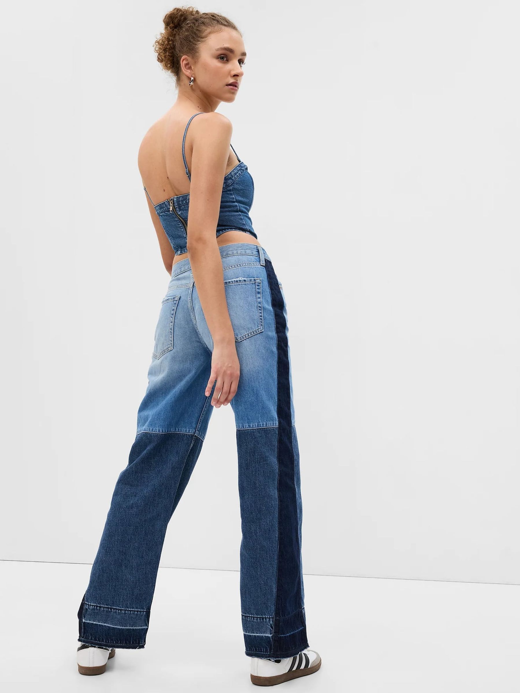 Mid and Dark Wash Blue Low Rise Patchwork Wide Leg Bag Jeans - Image 2 of 4