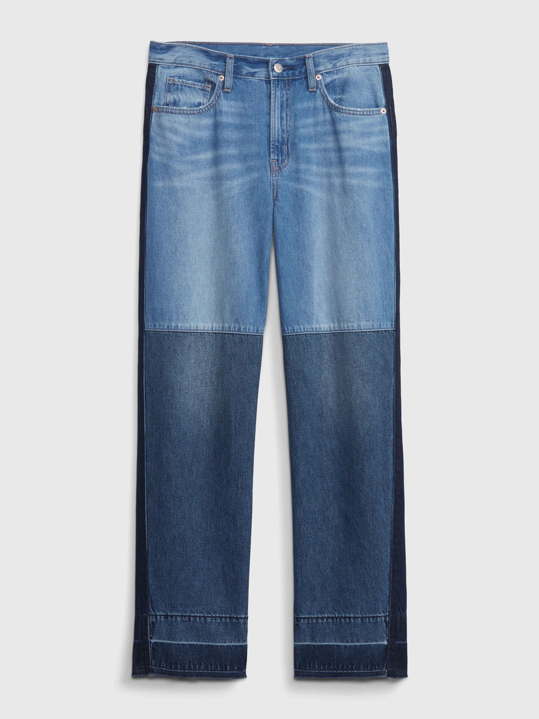 Mid and Dark Wash Blue Low Rise Patchwork Wide Leg Bag Jeans - Image 4 of 4