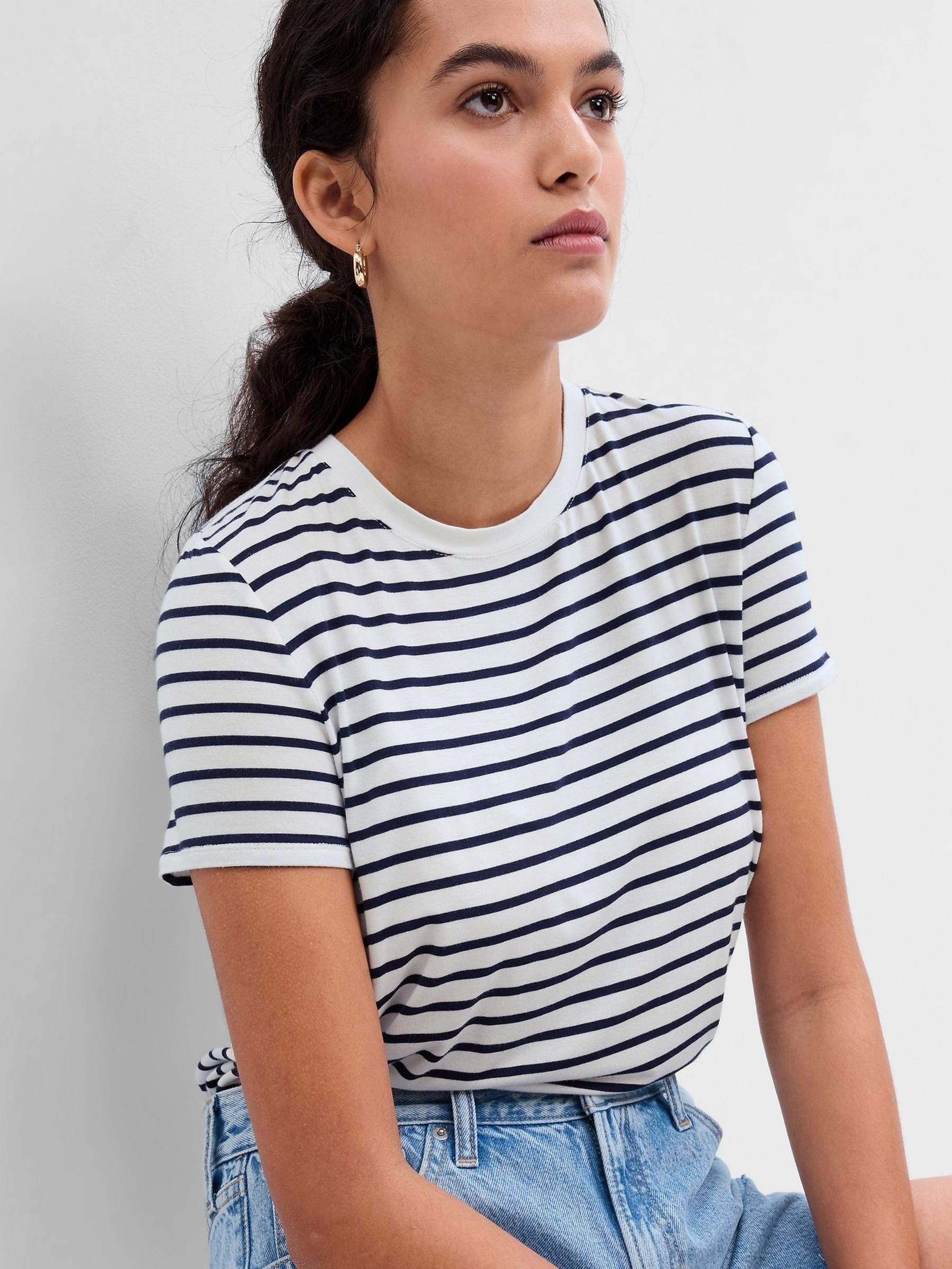 Navy and White Stripe Luxe Short Sleeve Crew Neck T-Shirt - Image 1 of 3