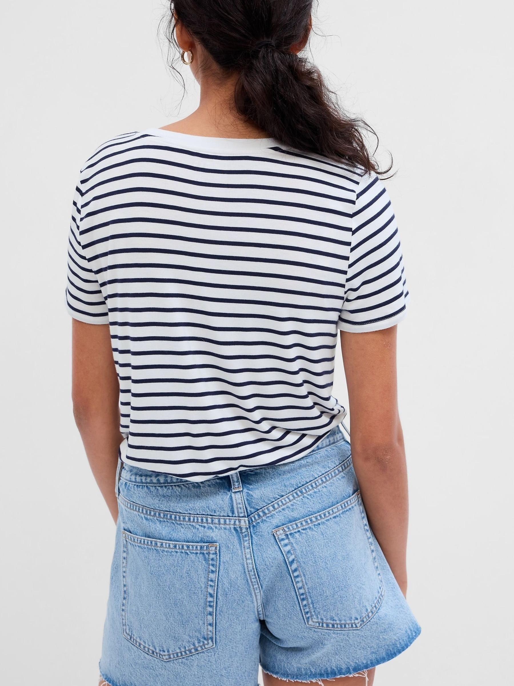 Navy and White Stripe Luxe Short Sleeve Crew Neck T-Shirt - Image 2 of 3