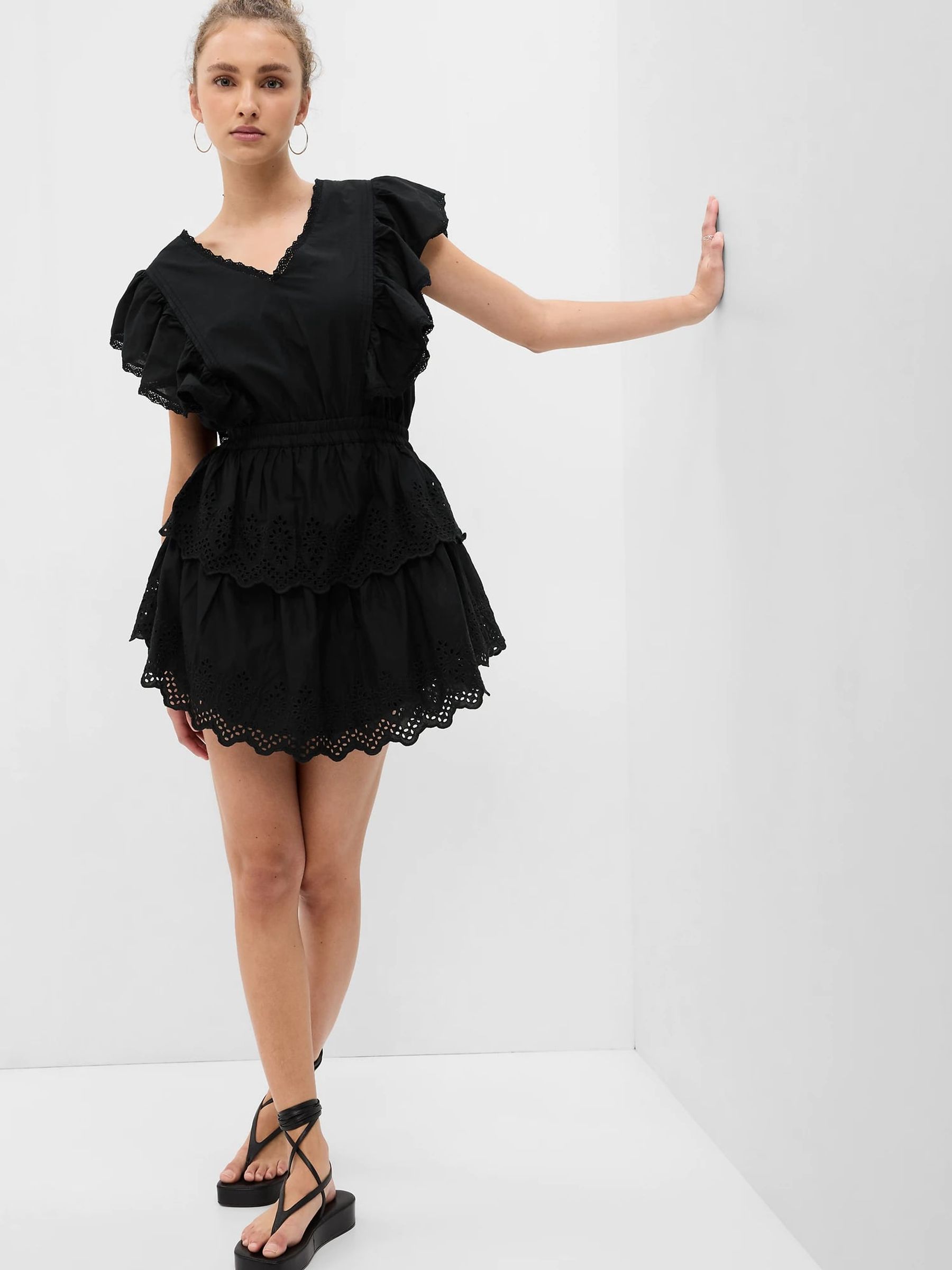 Black Broderie Ruffle V-Neck Mini Dress - Image 1 of 4
