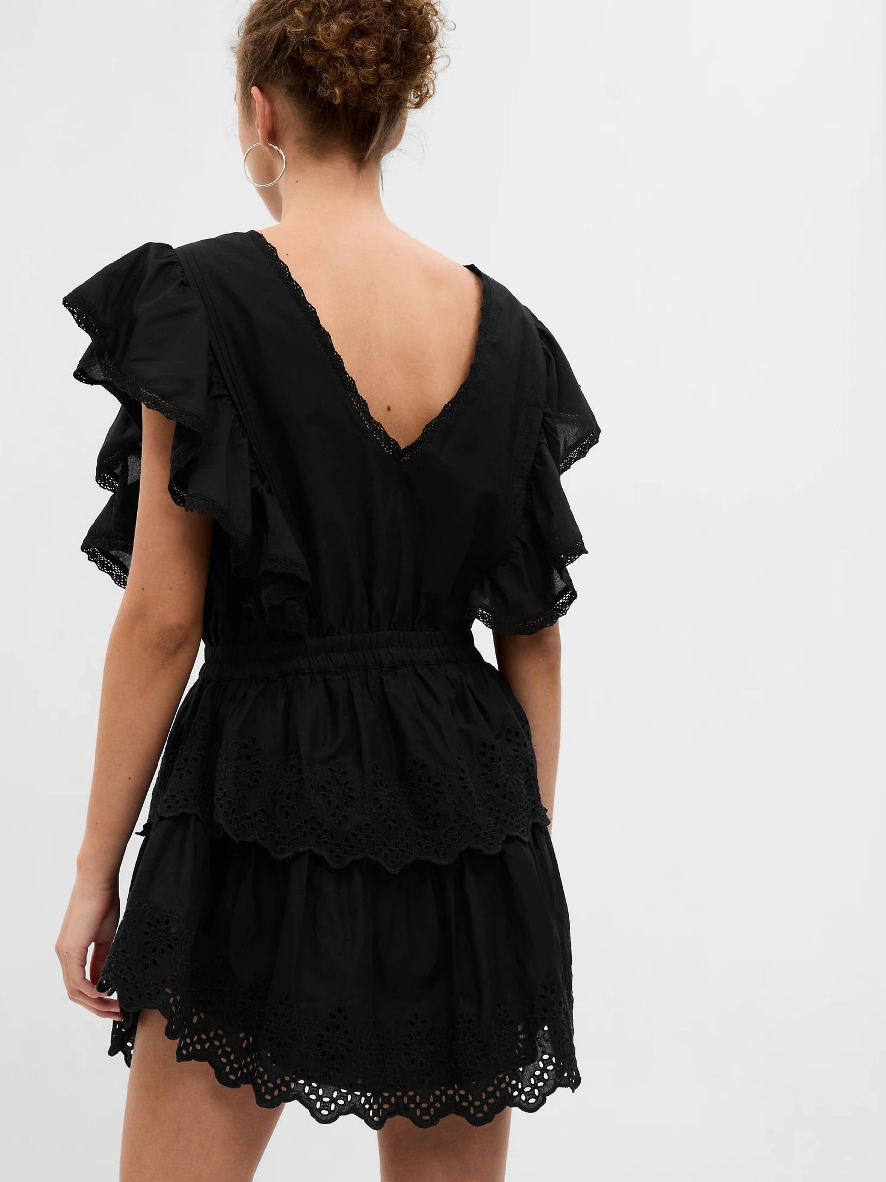 Black Broderie Ruffle V-Neck Mini Dress - Image 2 of 4