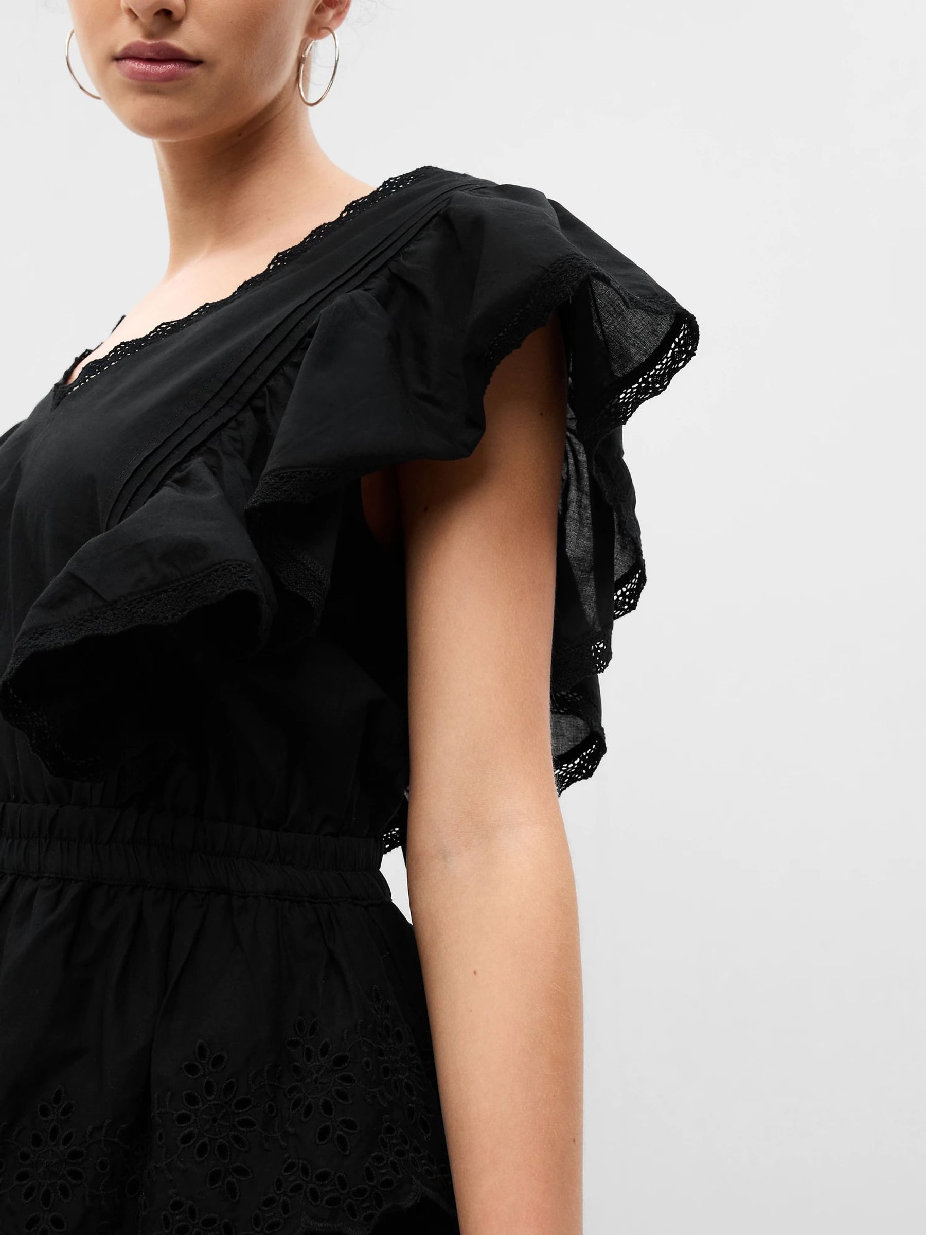 Black Broderie Ruffle V-Neck Mini Dress - Image 3 of 4