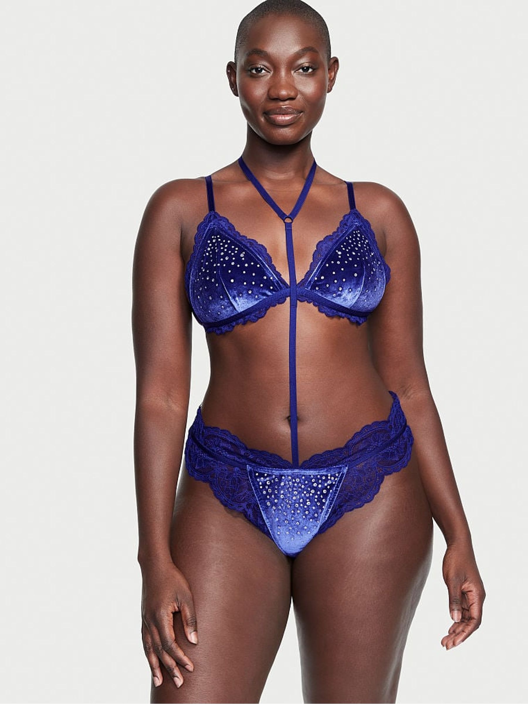 Night Ocean Blue Embellished Velvet Bodysuit - Image 1 of 3