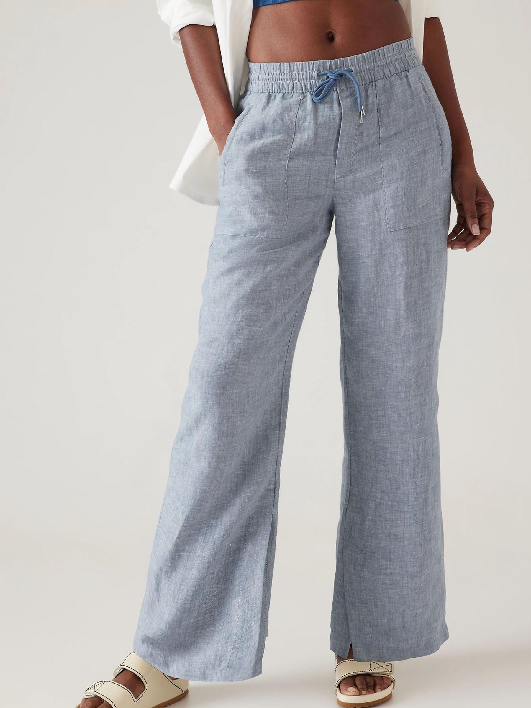 Athleta Blue Mid Rise Wide Leg Linen Trousers - Image 1 of 6