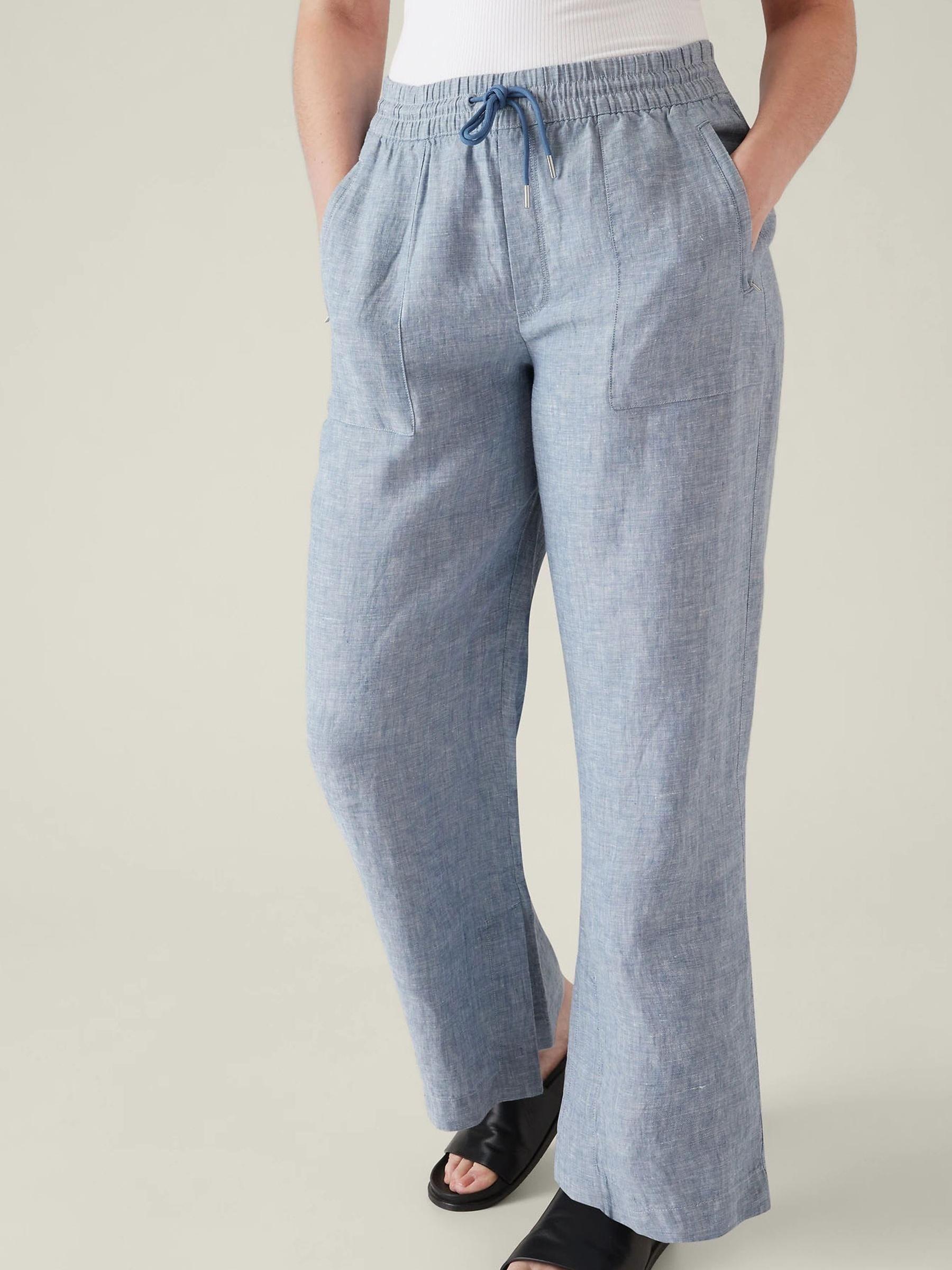 Athleta Blue Mid Rise Wide Leg Linen Trousers - Image 4 of 6