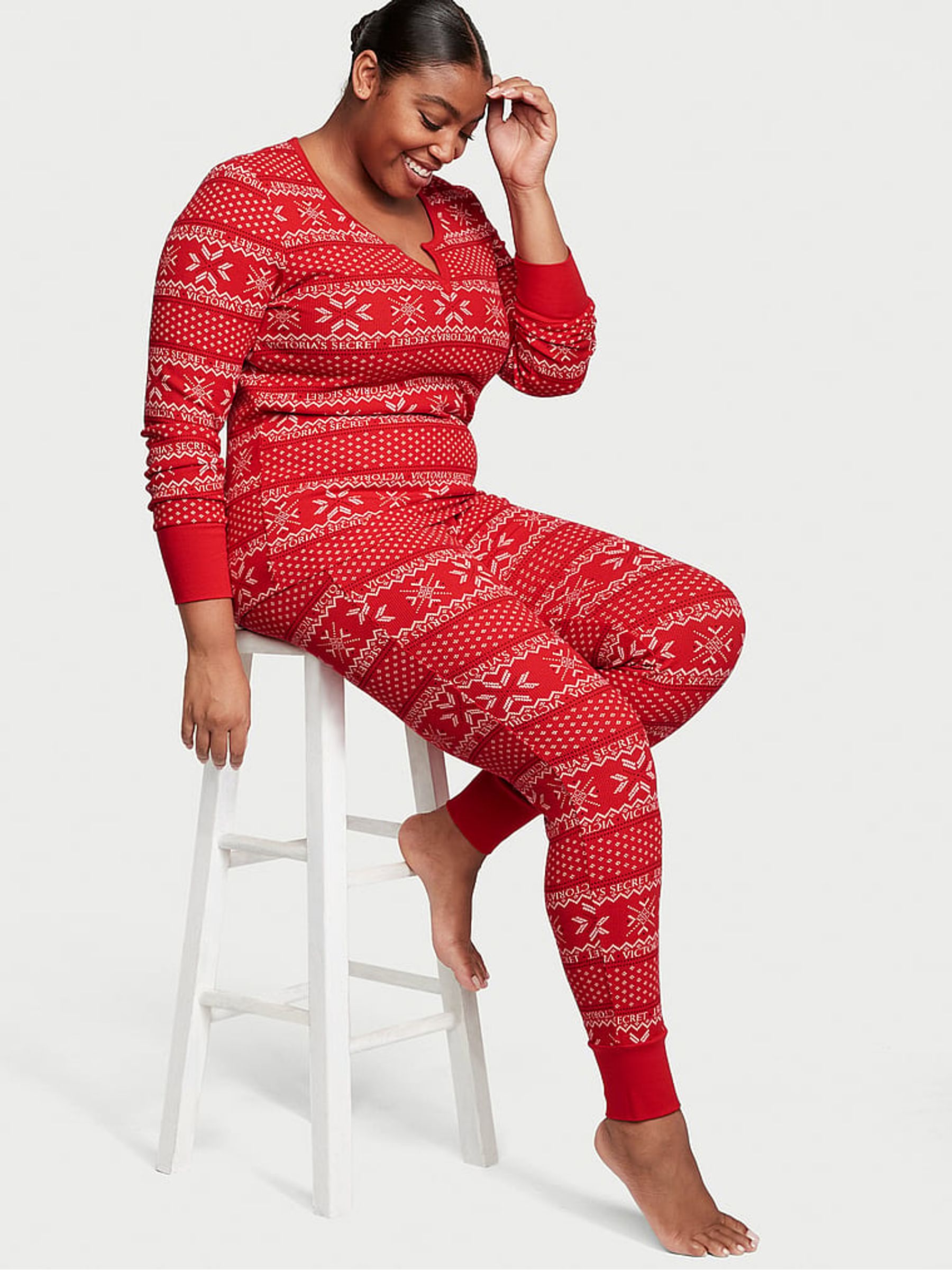Lipstick Red Fair Isle Thermal Long Pyjamas - Image 1 of 3