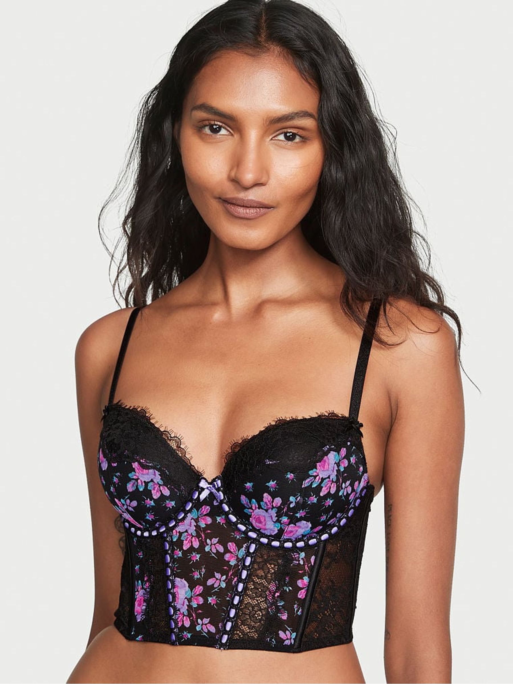 Black Floral Ribbon Slot Lace Corset Bra Top - Image 2 of 5