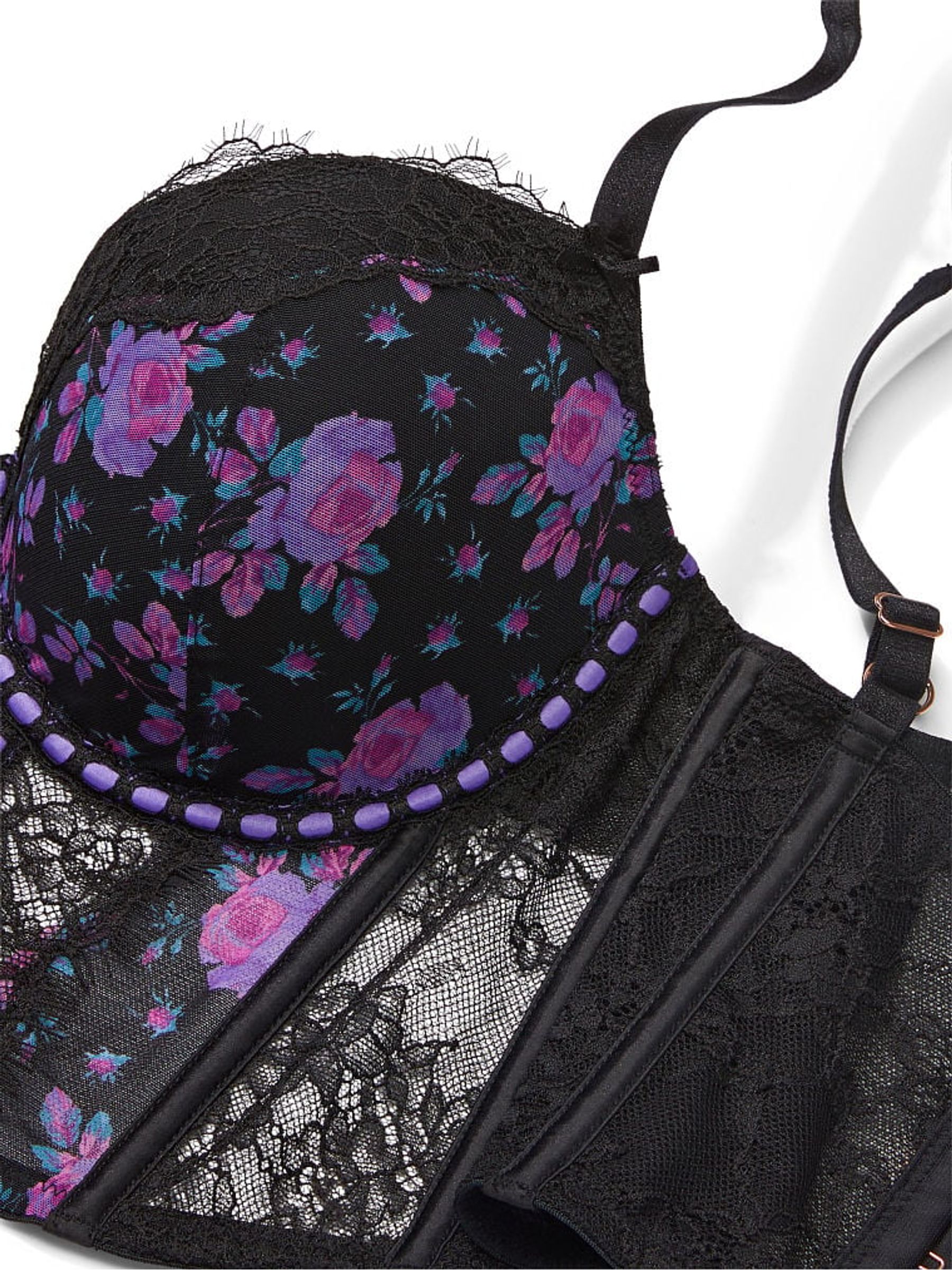 Black Floral Ribbon Slot Lace Corset Bra Top - Image 4 of 5