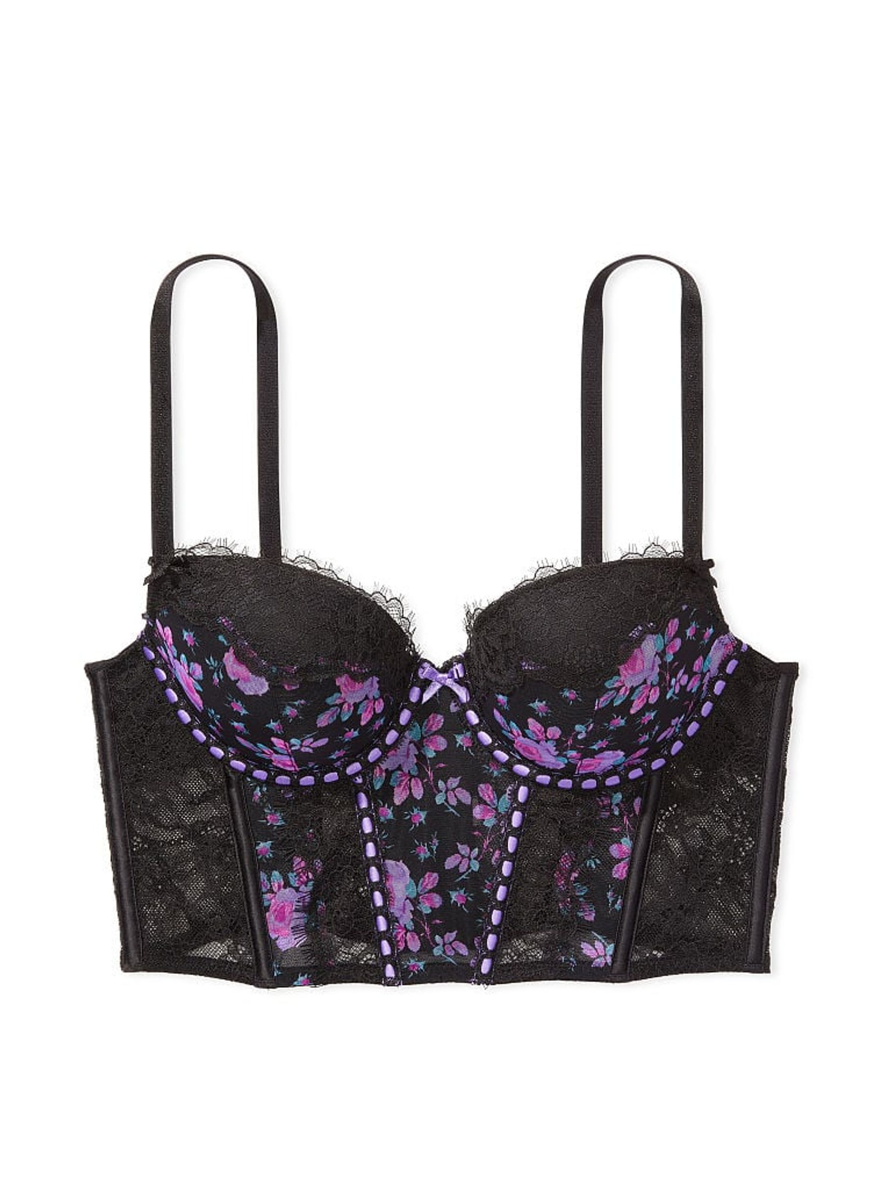 Black Floral Ribbon Slot Lace Corset Bra Top - Image 5 of 5