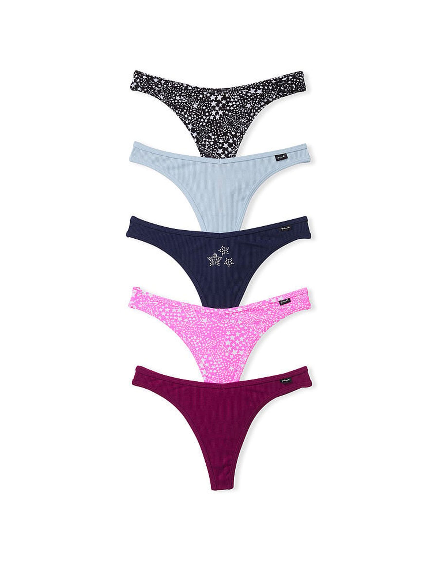 Magenta Pink Navy Blue Star Thong Cotton 5 Pack Knickers - Image 1 of 1