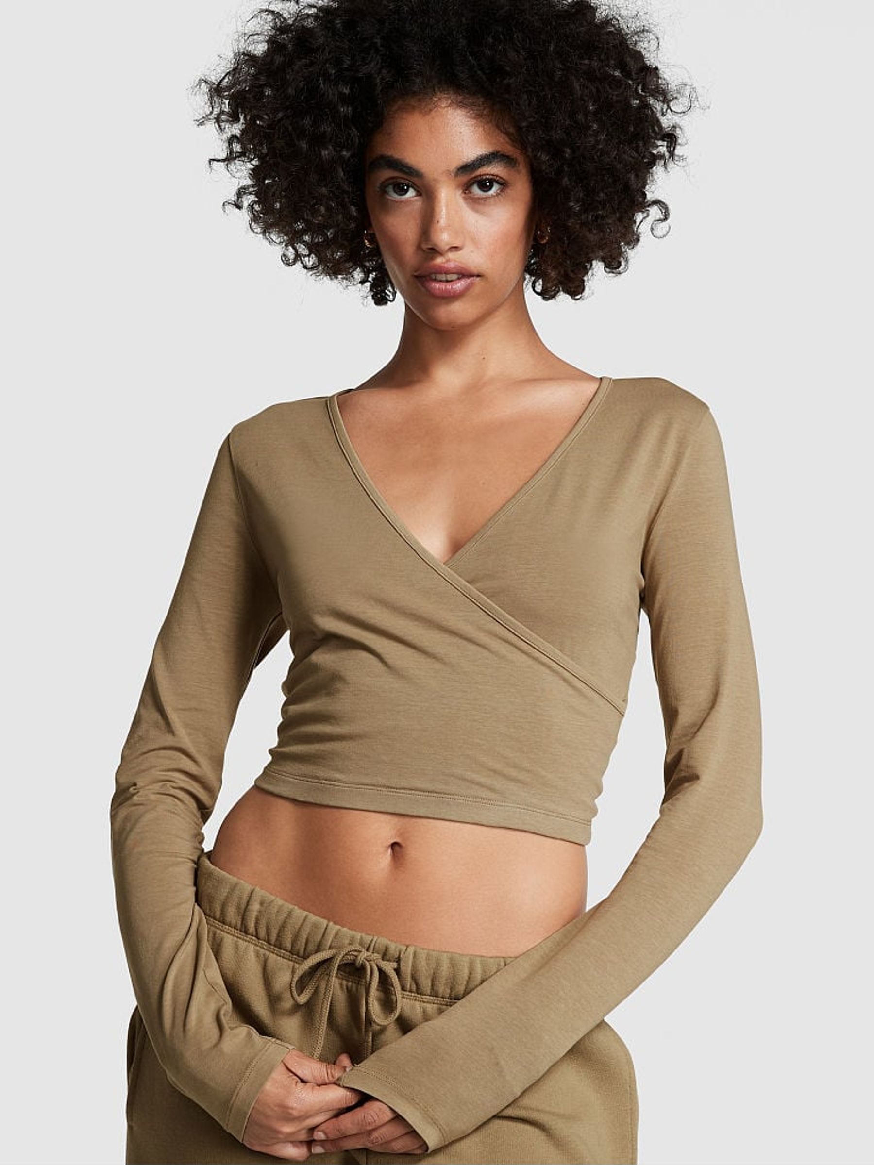 Dusted Olive Green Long Sleeve Wrap Top - Image 1 of 3