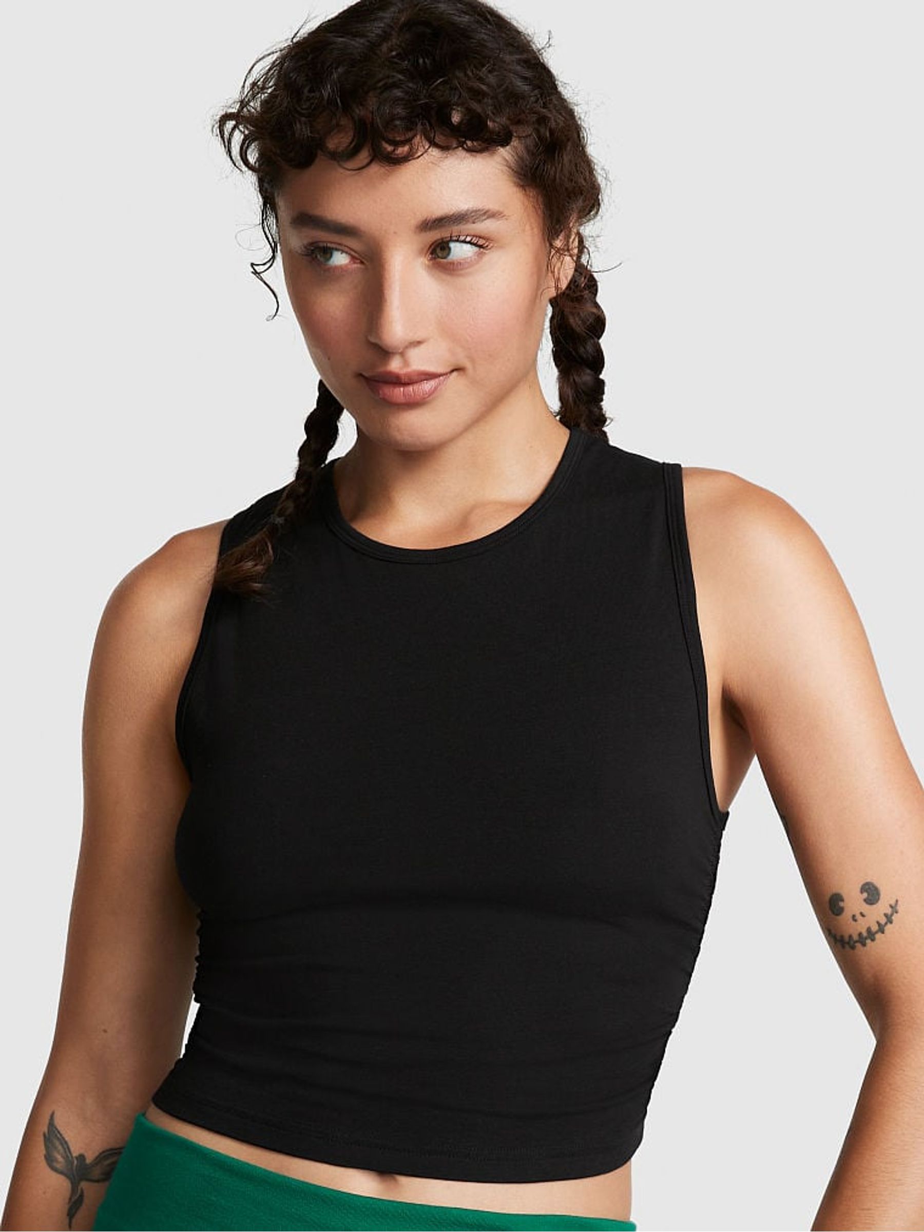 Pure Black Ruched Side Crop Tank - Image 1 of 3