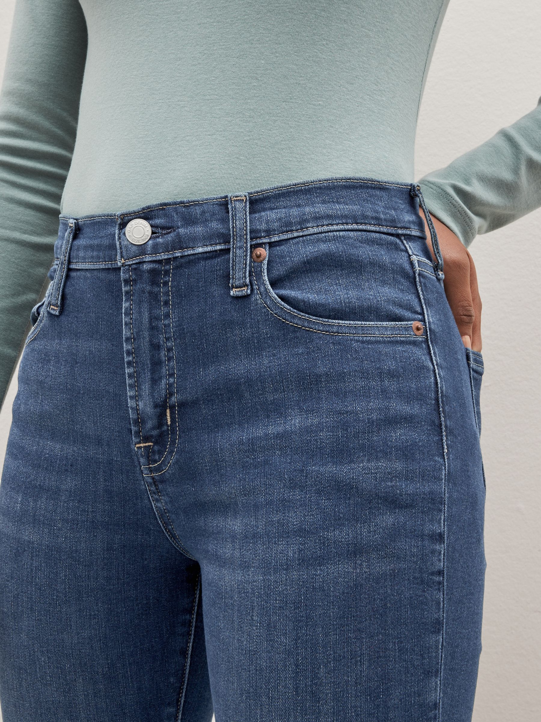Mid Indigo Blue High Waisted Stretch Skinny Jeans - Image 3 of 6