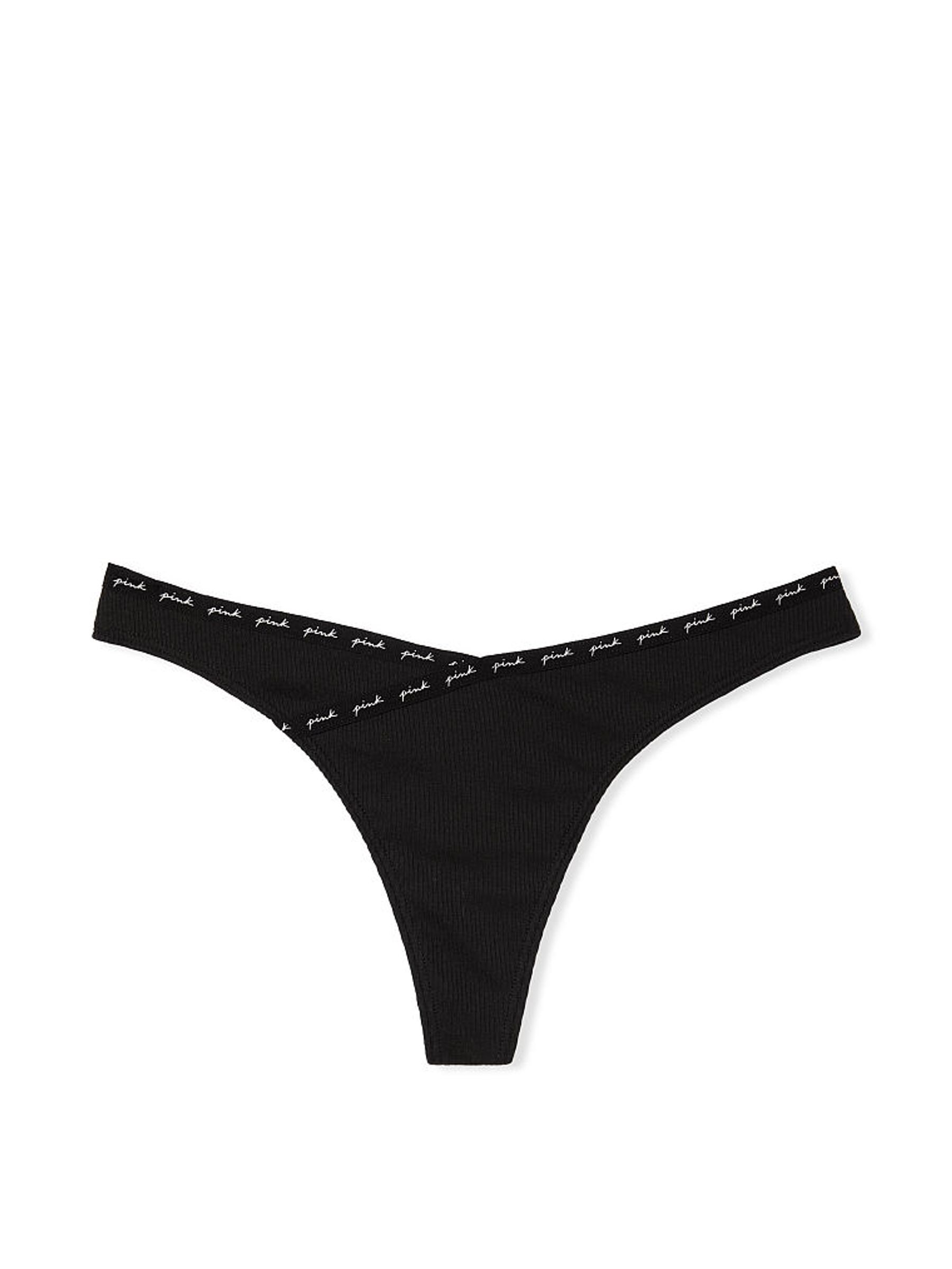 Pure Black Rib Logo Cotton Thong Knickers - Image 3 of 3