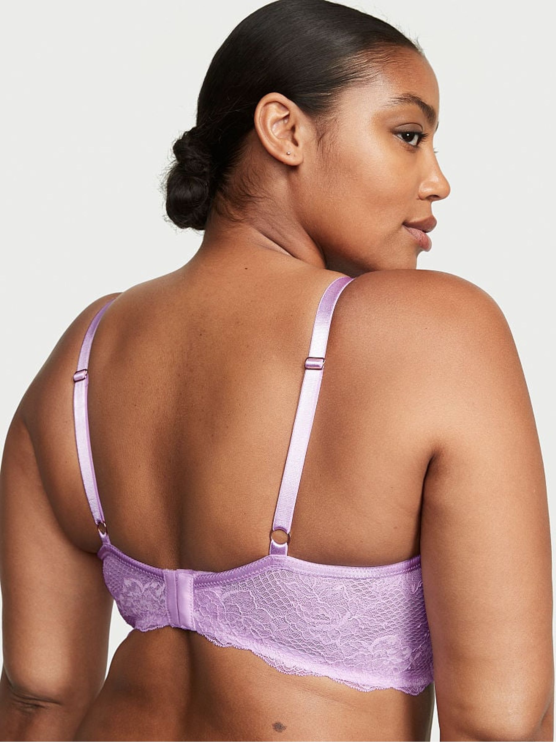 Silky Lilac Purple Fishnet Lace Plunge Push Up Bra - Image 2 of 4